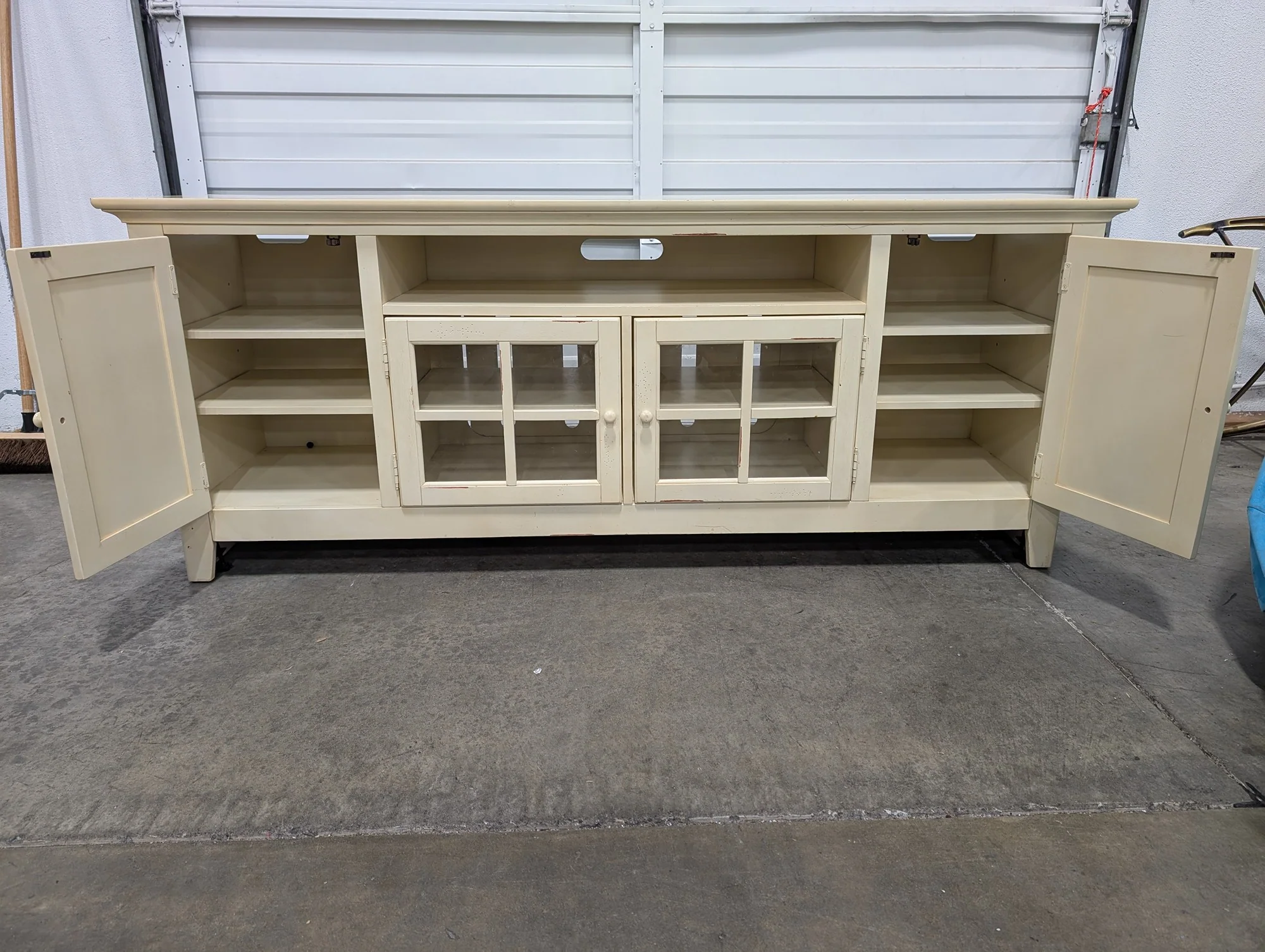 Distressed Cream Wood Media Console with Glass Doors - Image 4