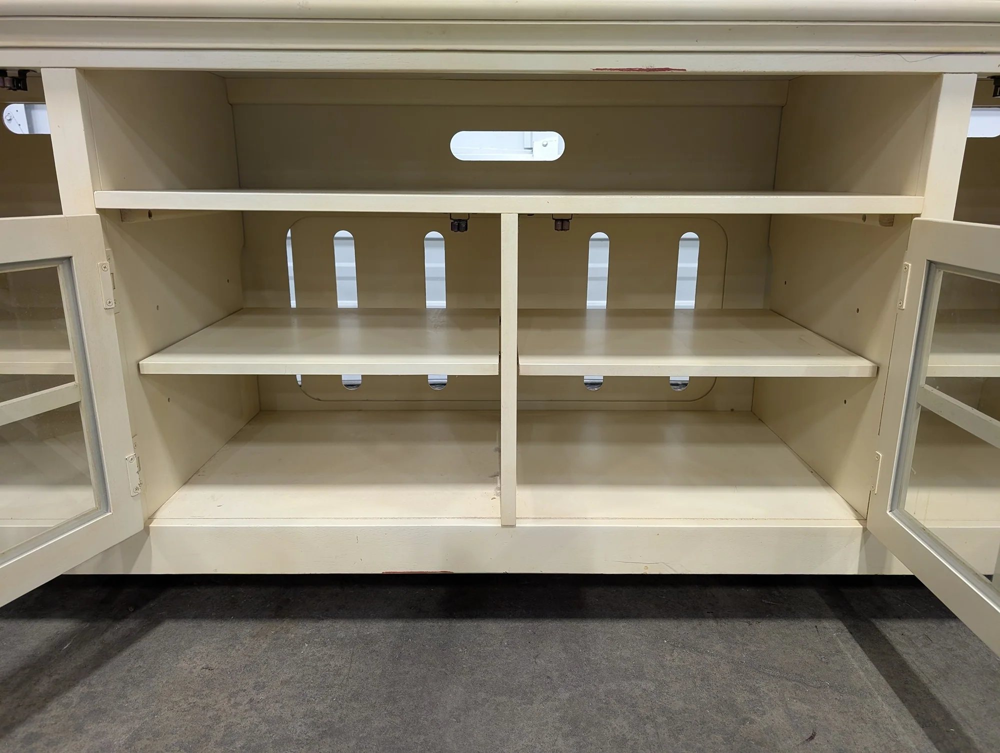 Distressed Cream Wood Media Console with Glass Doors - Image 5
