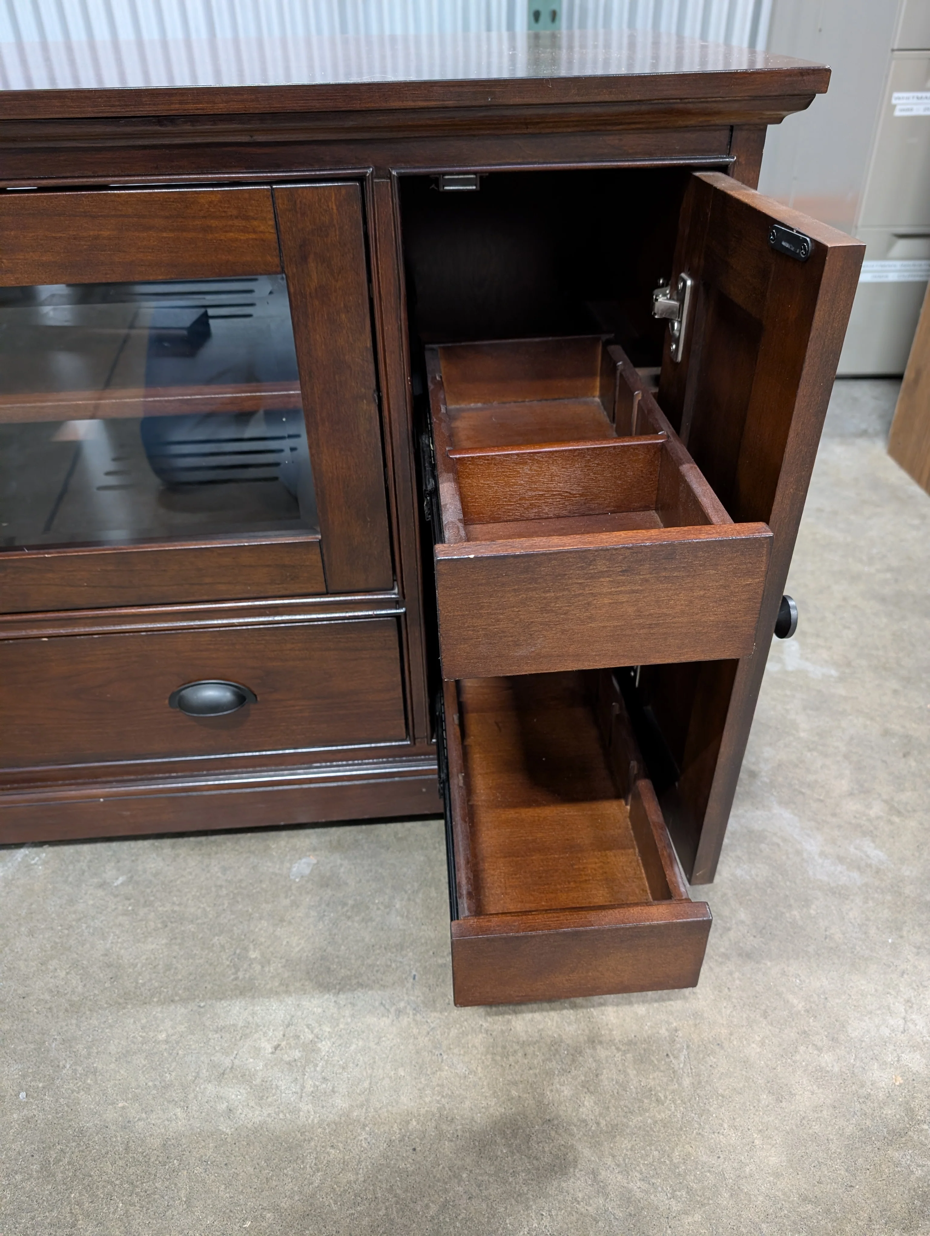 Rich Brown Bayside Furnishings Wood Media Console with Glass Doors - Image 3