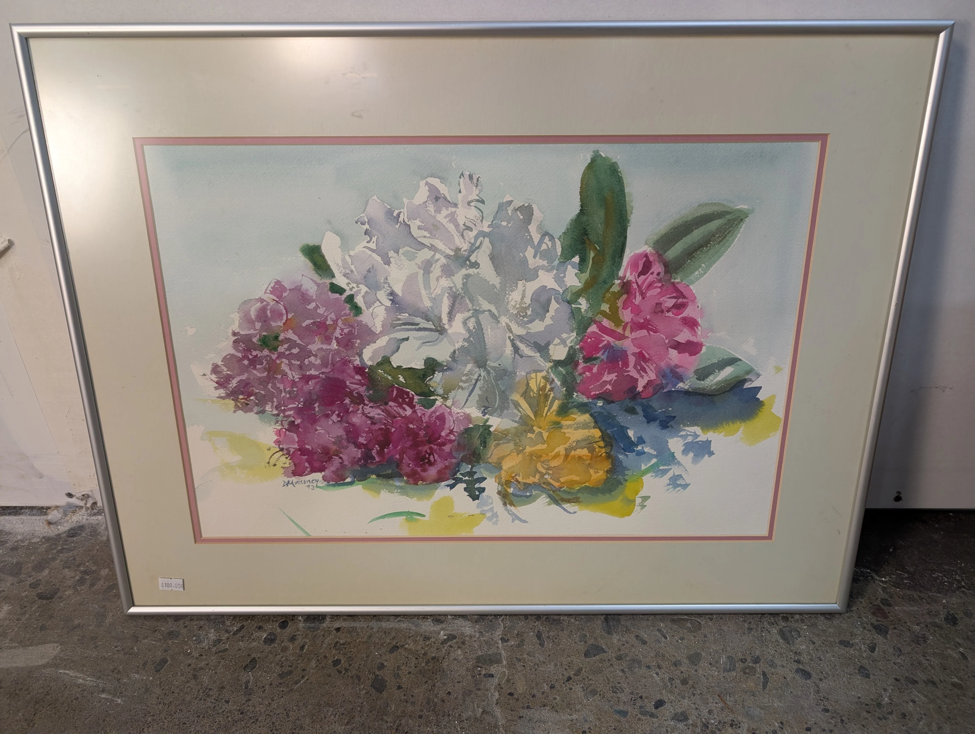 D. Warner Signed Floral Watercolor Painting with Silver Frame - Image 2