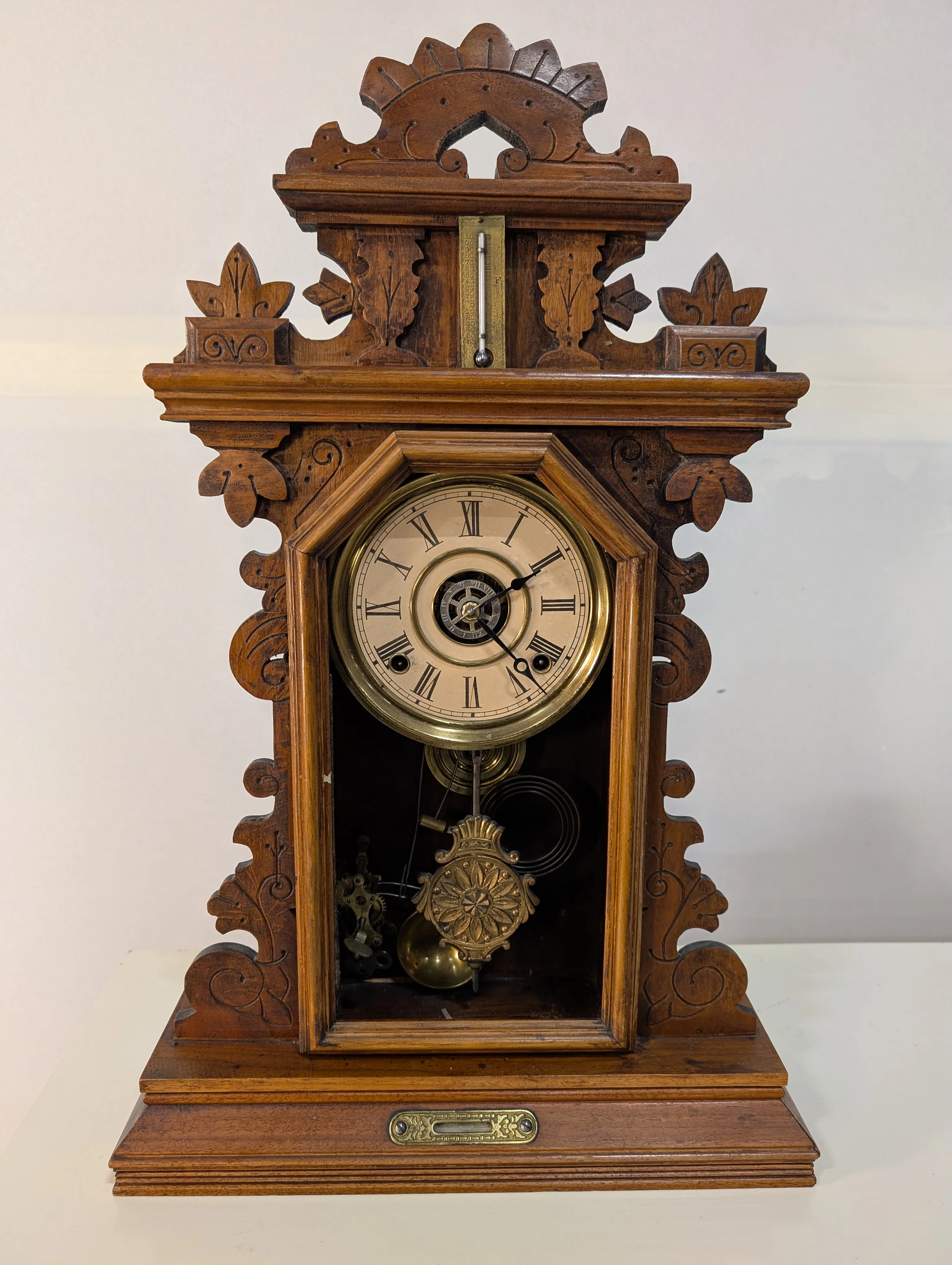 Vintage Carved Wood Mantel Clock with Pendulum and Thermometer - Image 2