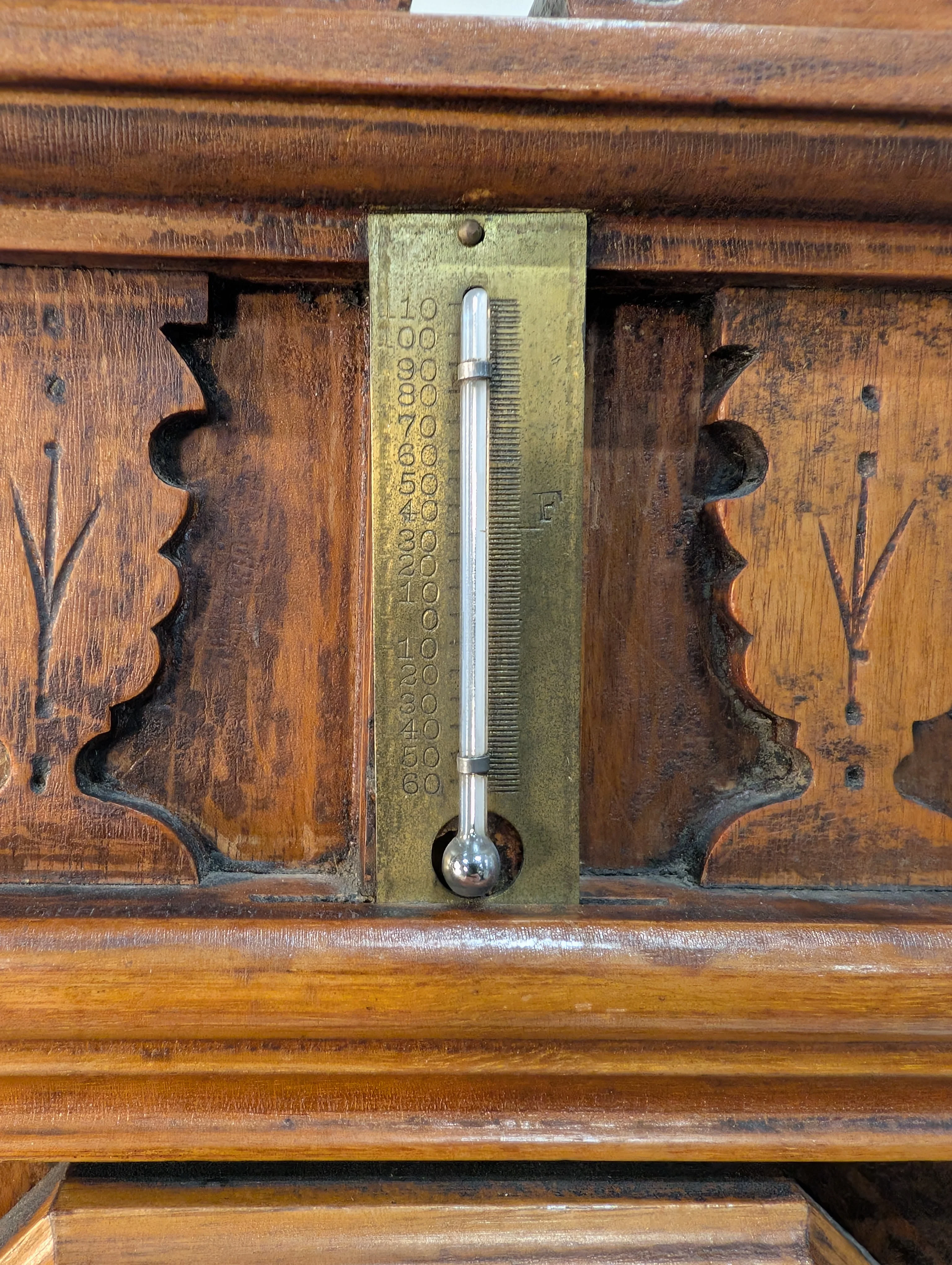 Vintage Carved Wood Mantel Clock with Pendulum and Thermometer - Image 7