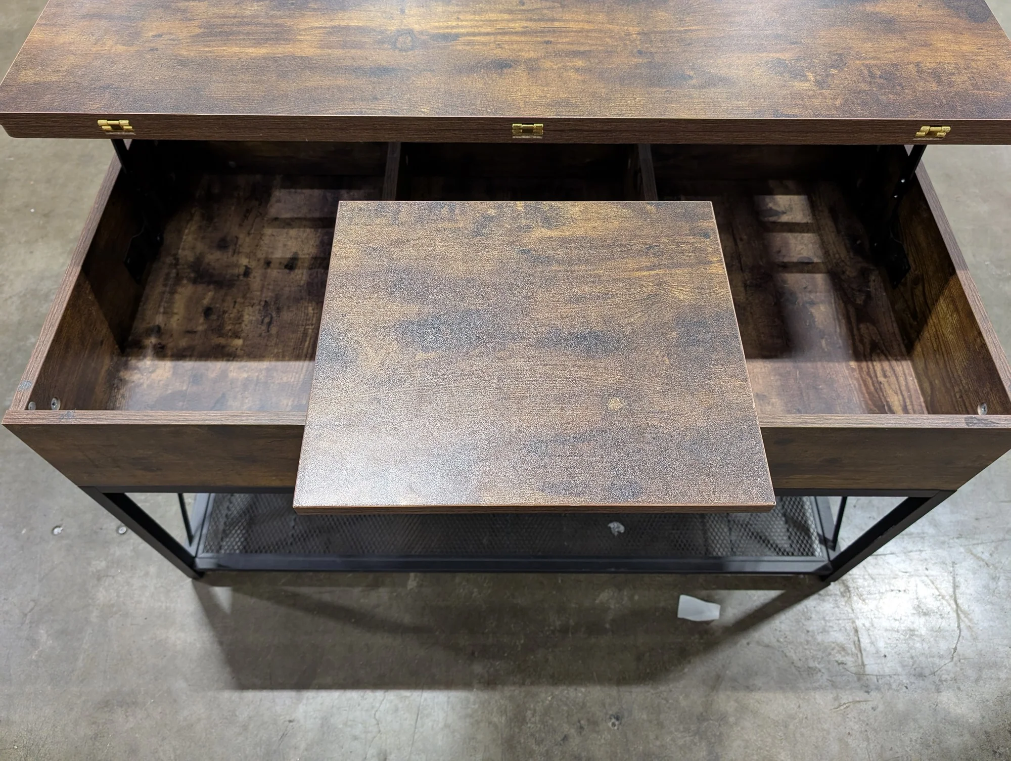 Industrial Style Lift-Top Coffee Table with Storage and Mesh Shelf - Image 4