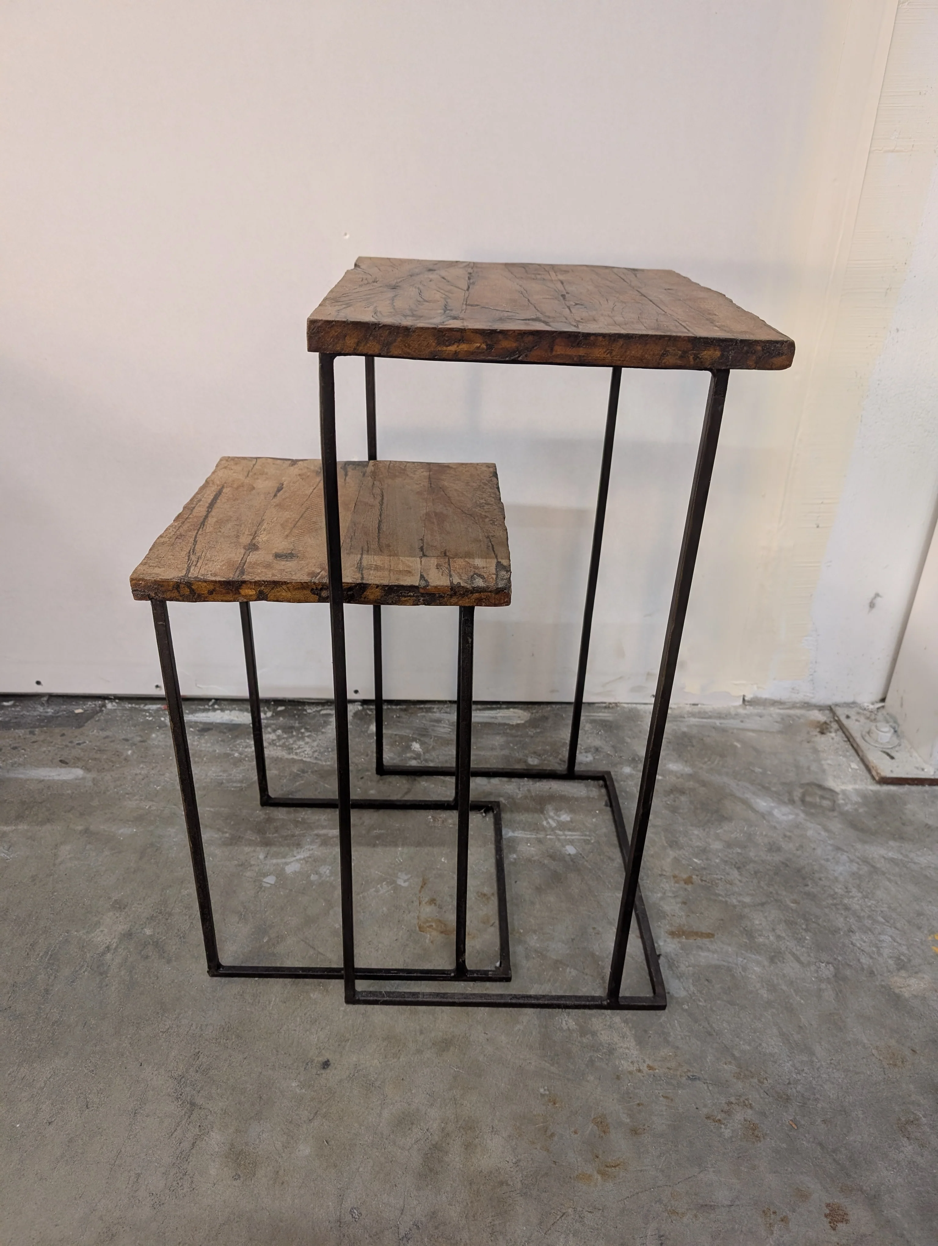 Pair of Industrial Wood & Metal Nesting Side Tables