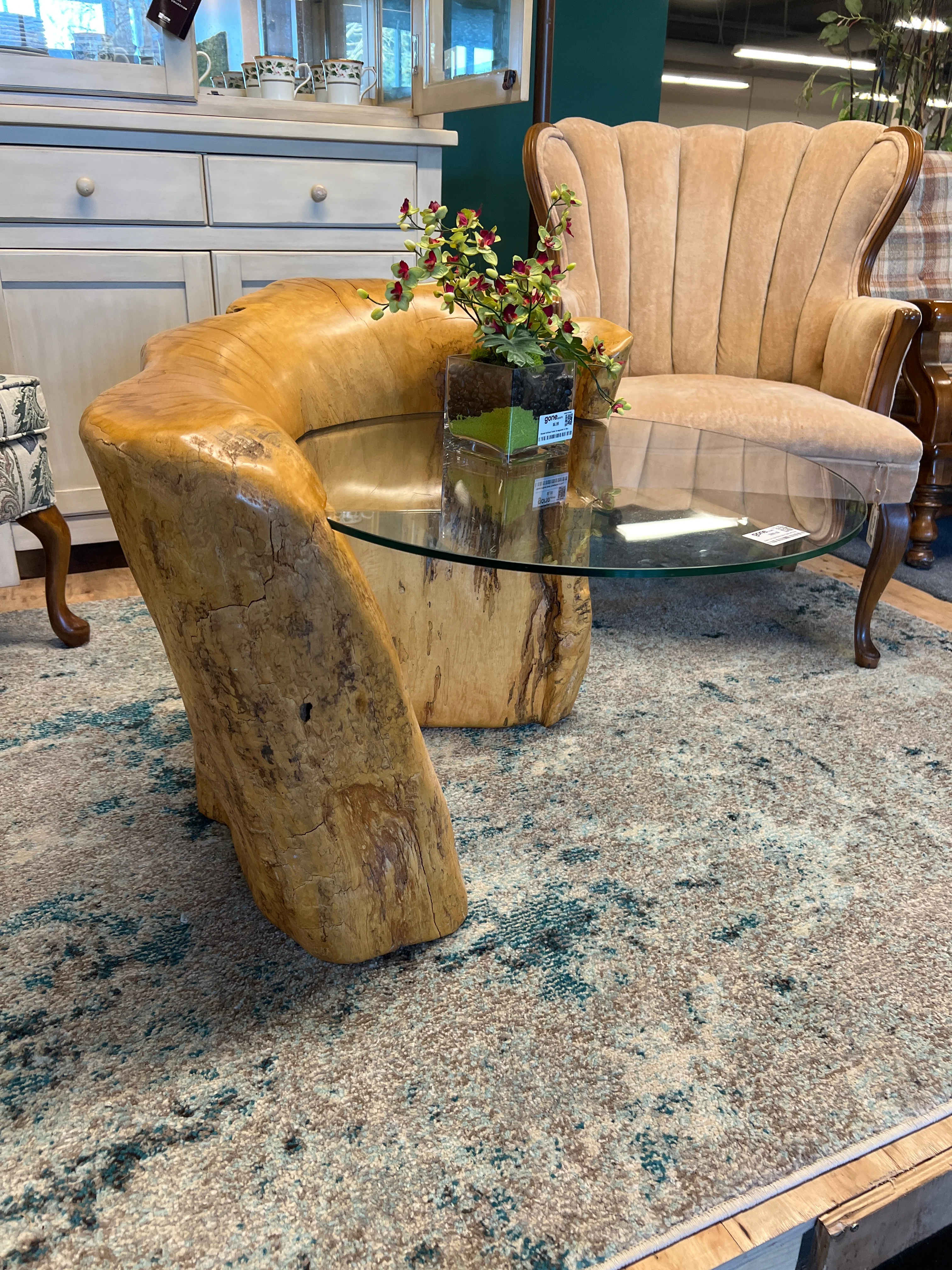 Rustic Live Edge Wood Coffee Table with Round Glass Top - Image 2