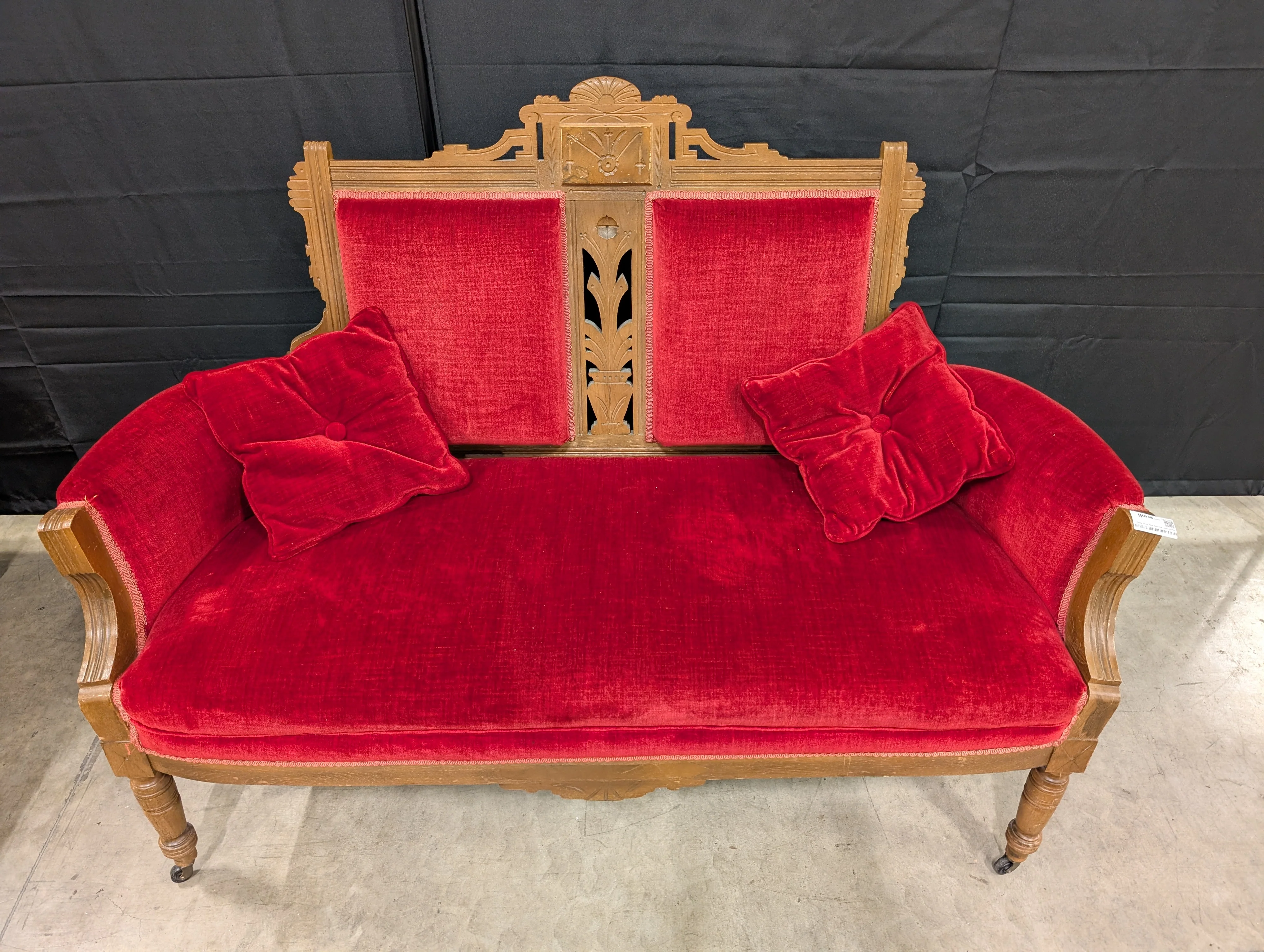 Vintage Carved Wood Red Velvet Loveseat Settee - Image 3