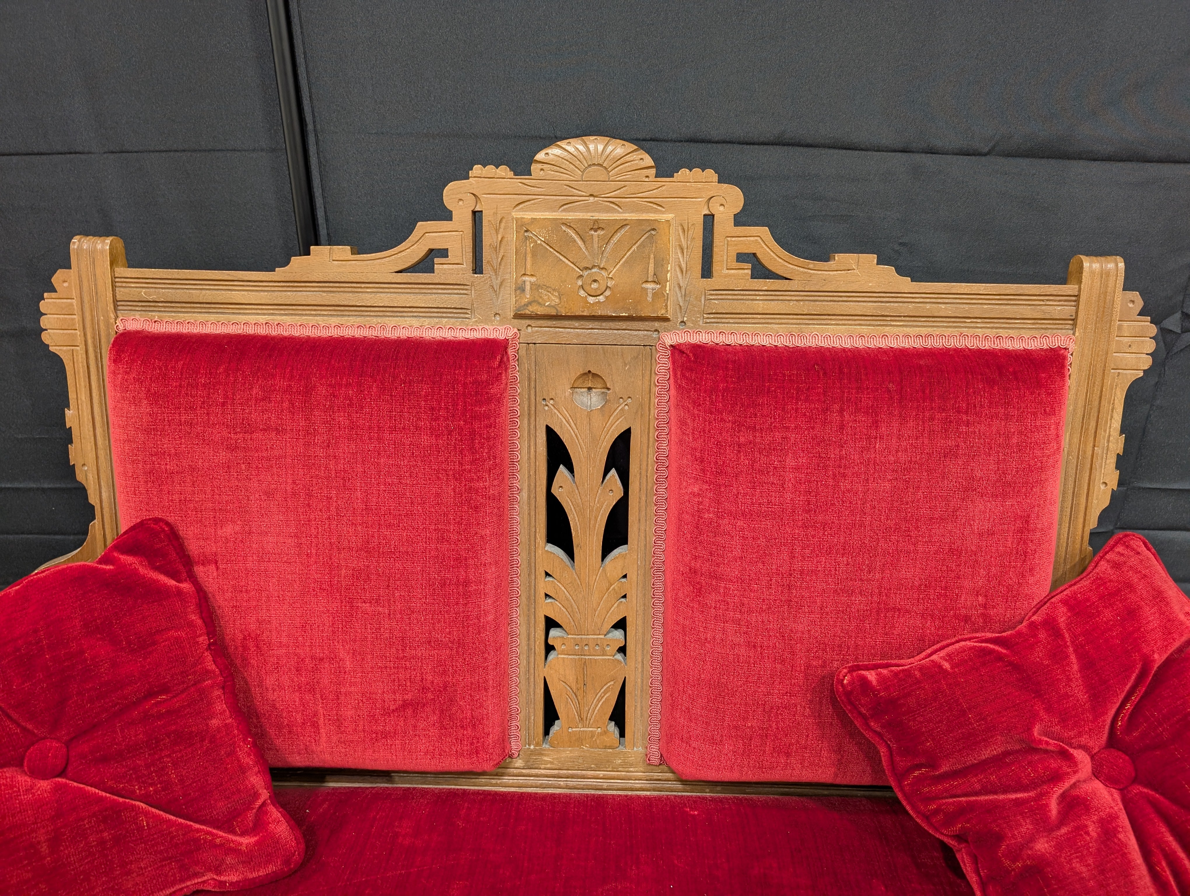 Vintage Carved Wood Red Velvet Loveseat Settee - Image 4
