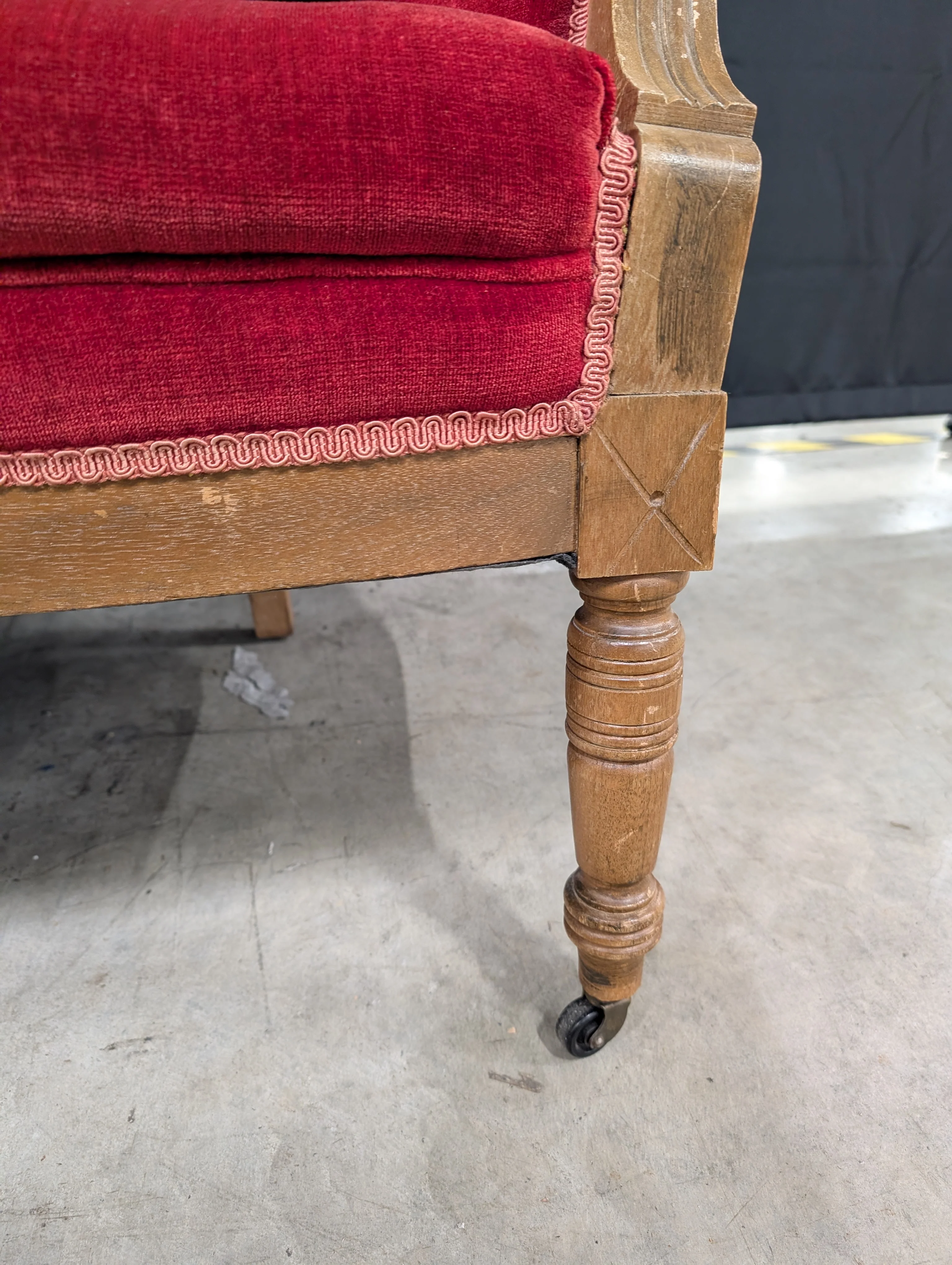 Vintage Carved Wood Red Velvet Loveseat Settee - Image 5