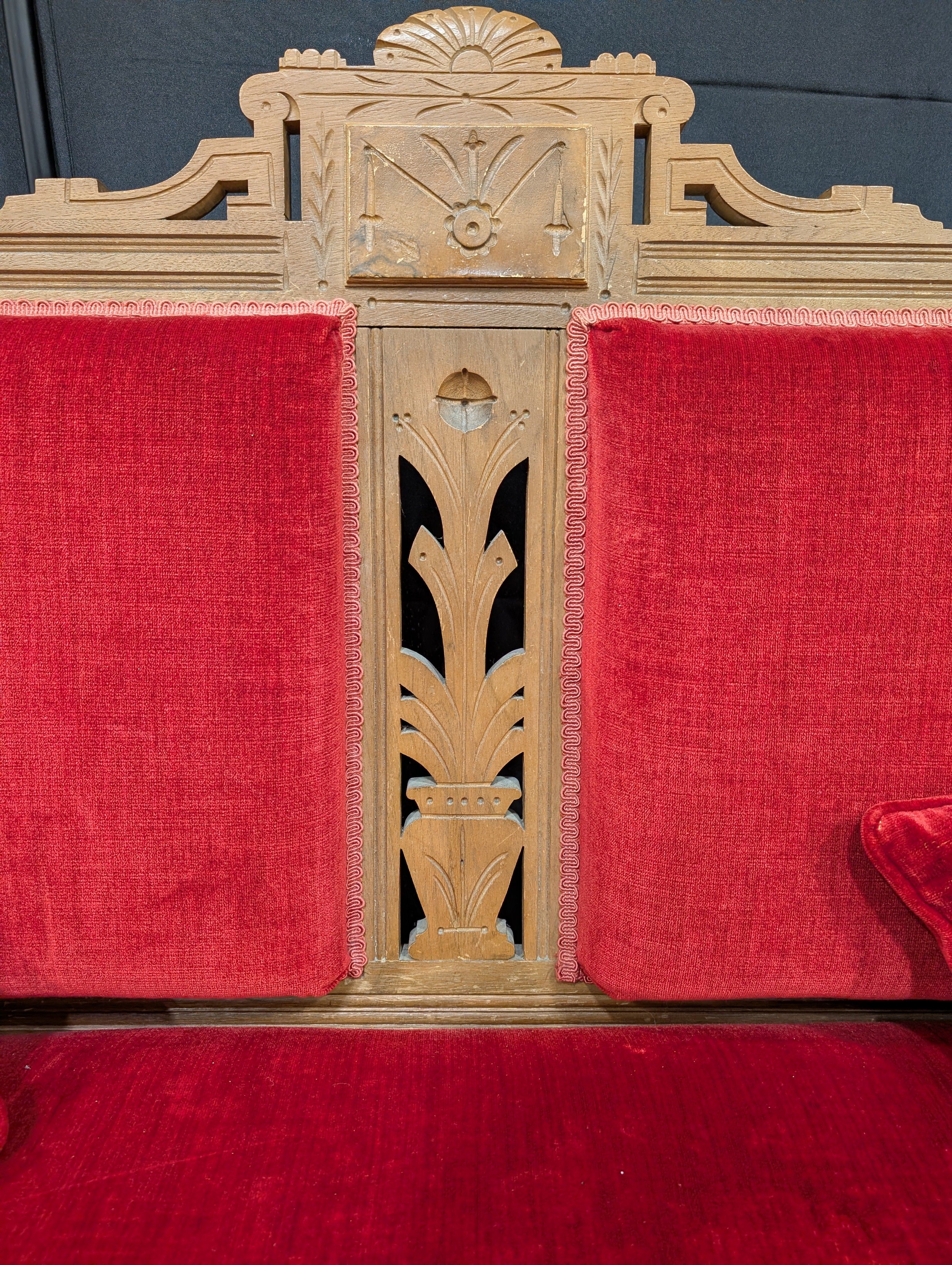 Vintage Carved Wood Red Velvet Loveseat Settee - Image 6