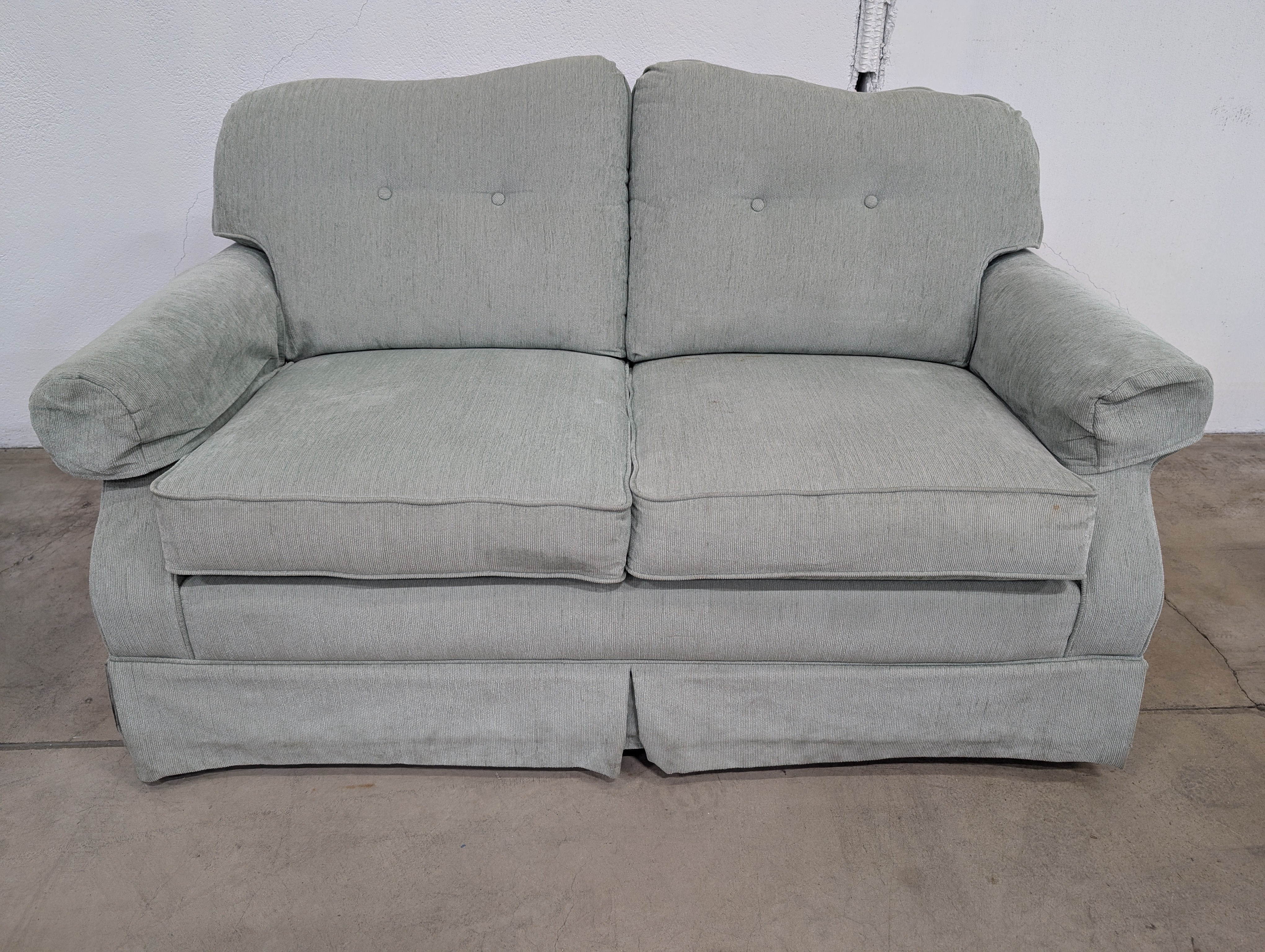 Muted Light Blue-Green Upholstered Two-Seater Sofa with Skirted Base - Image 3