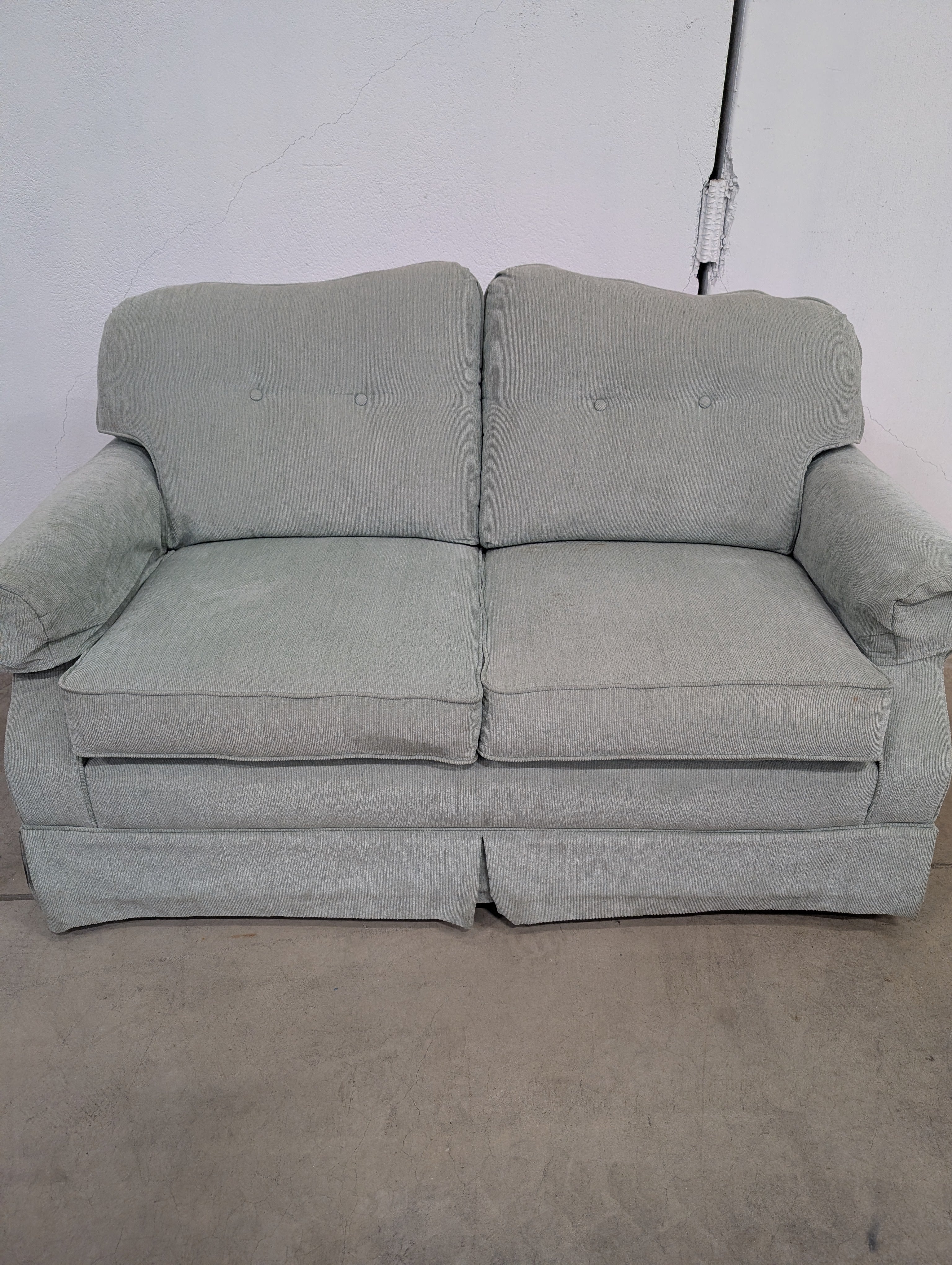 Muted Light Blue-Green Upholstered Two-Seater Sofa with Skirted Base - Image 4
