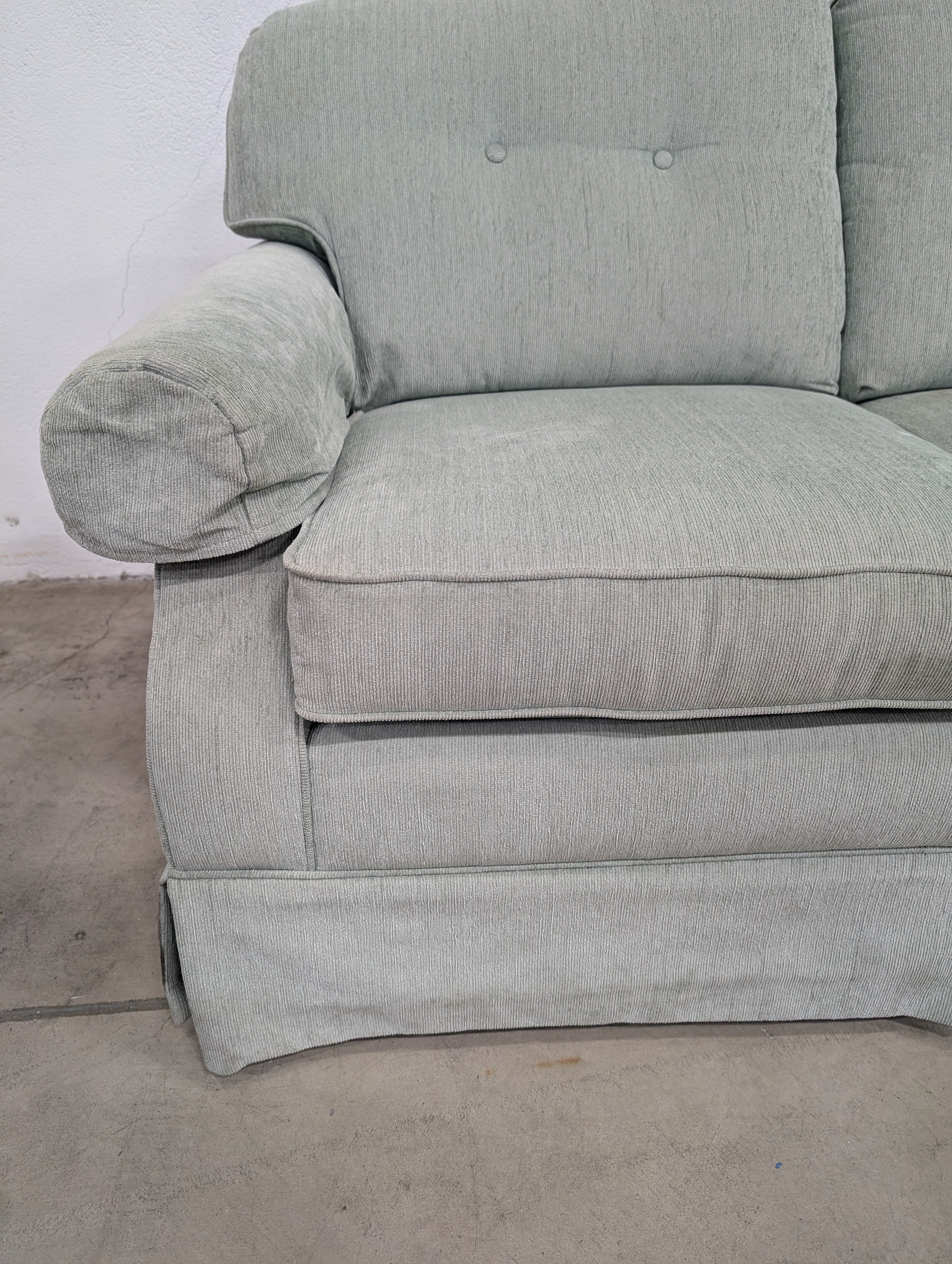 Muted Light Blue-Green Upholstered Two-Seater Sofa with Skirted Base - Image 5