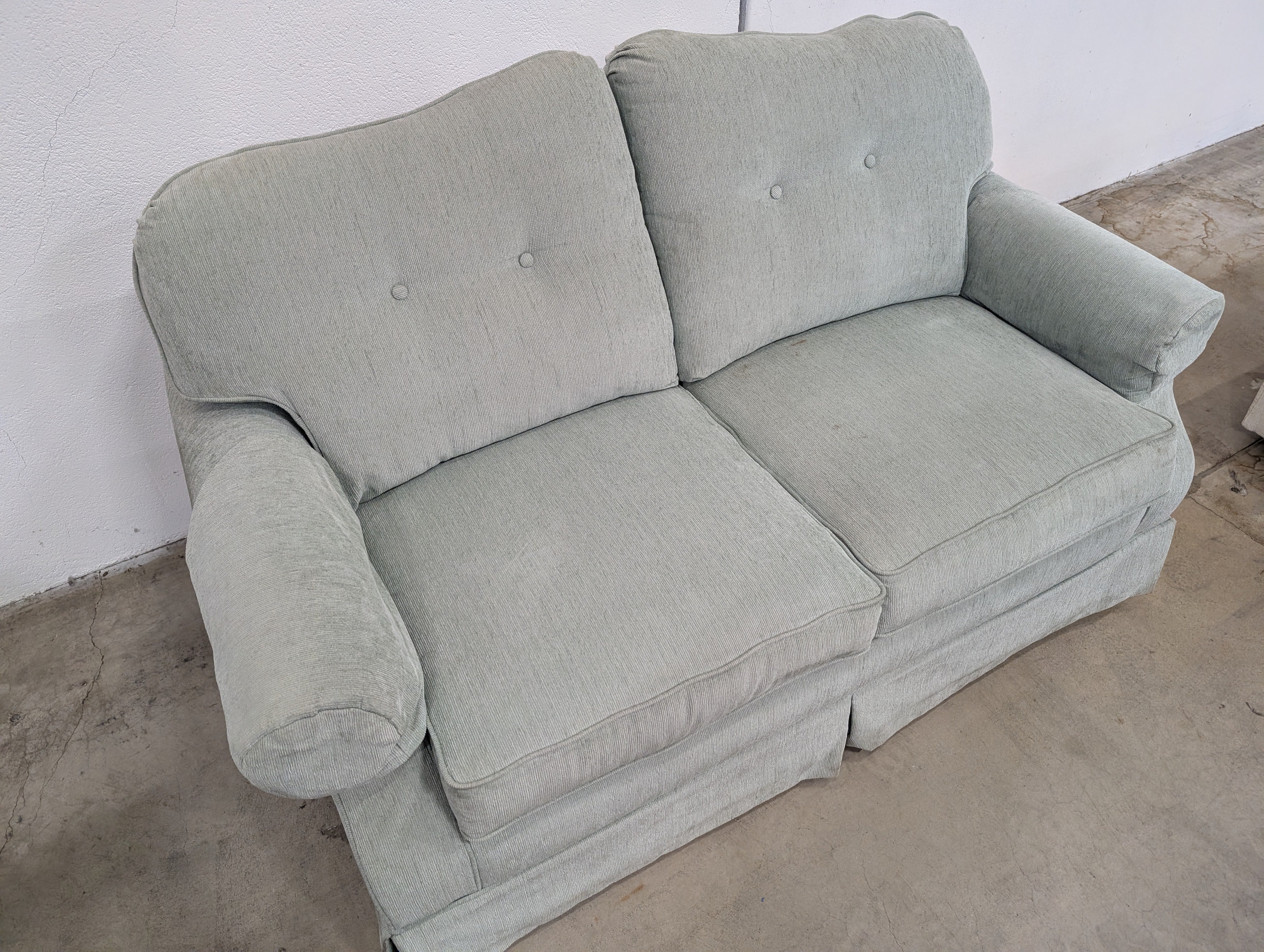 Muted Light Blue-Green Upholstered Two-Seater Sofa with Skirted Base - Image 6