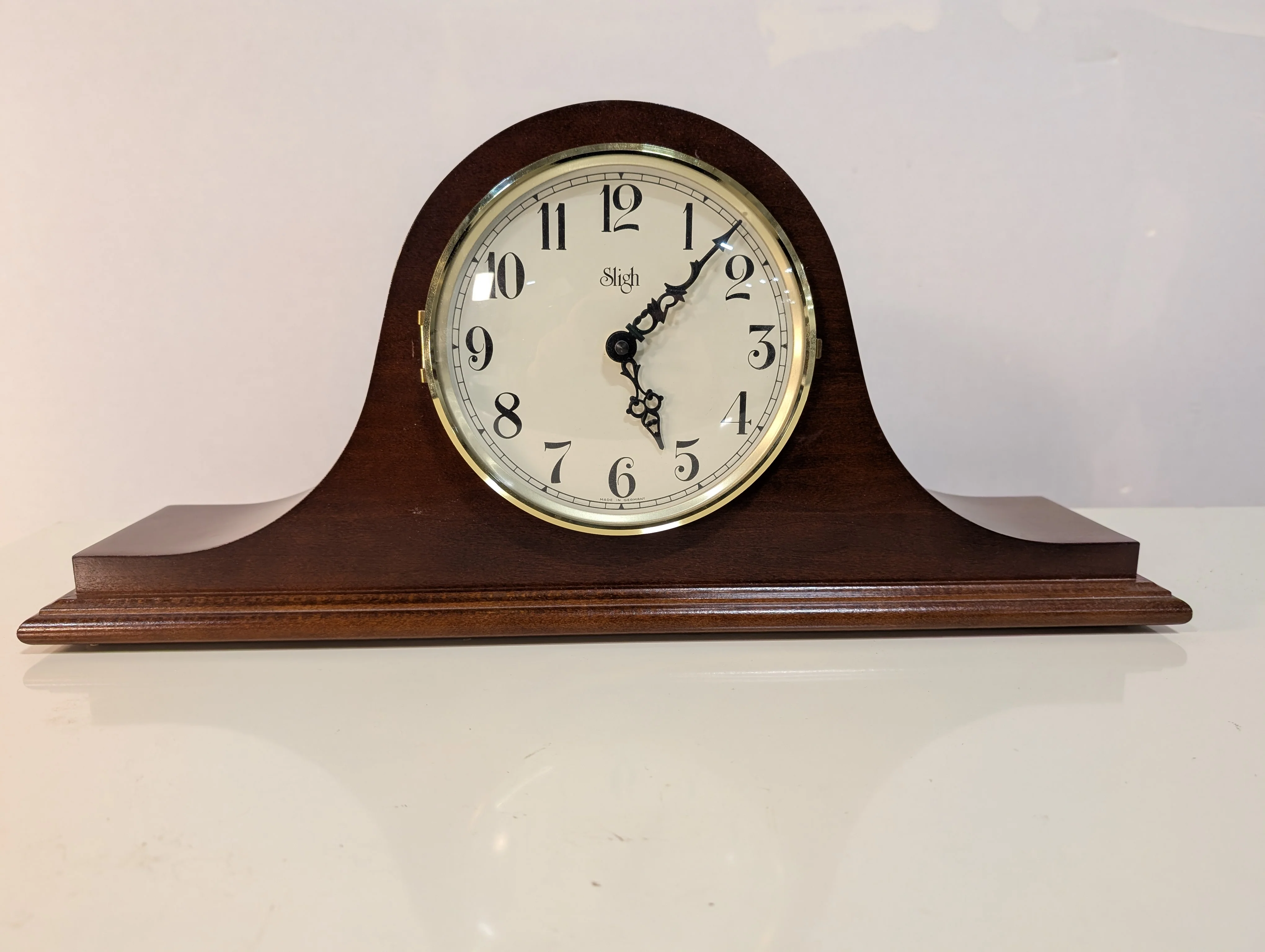Curved Dark Wood Table Clock with Brass Tone Bezel - Image 15