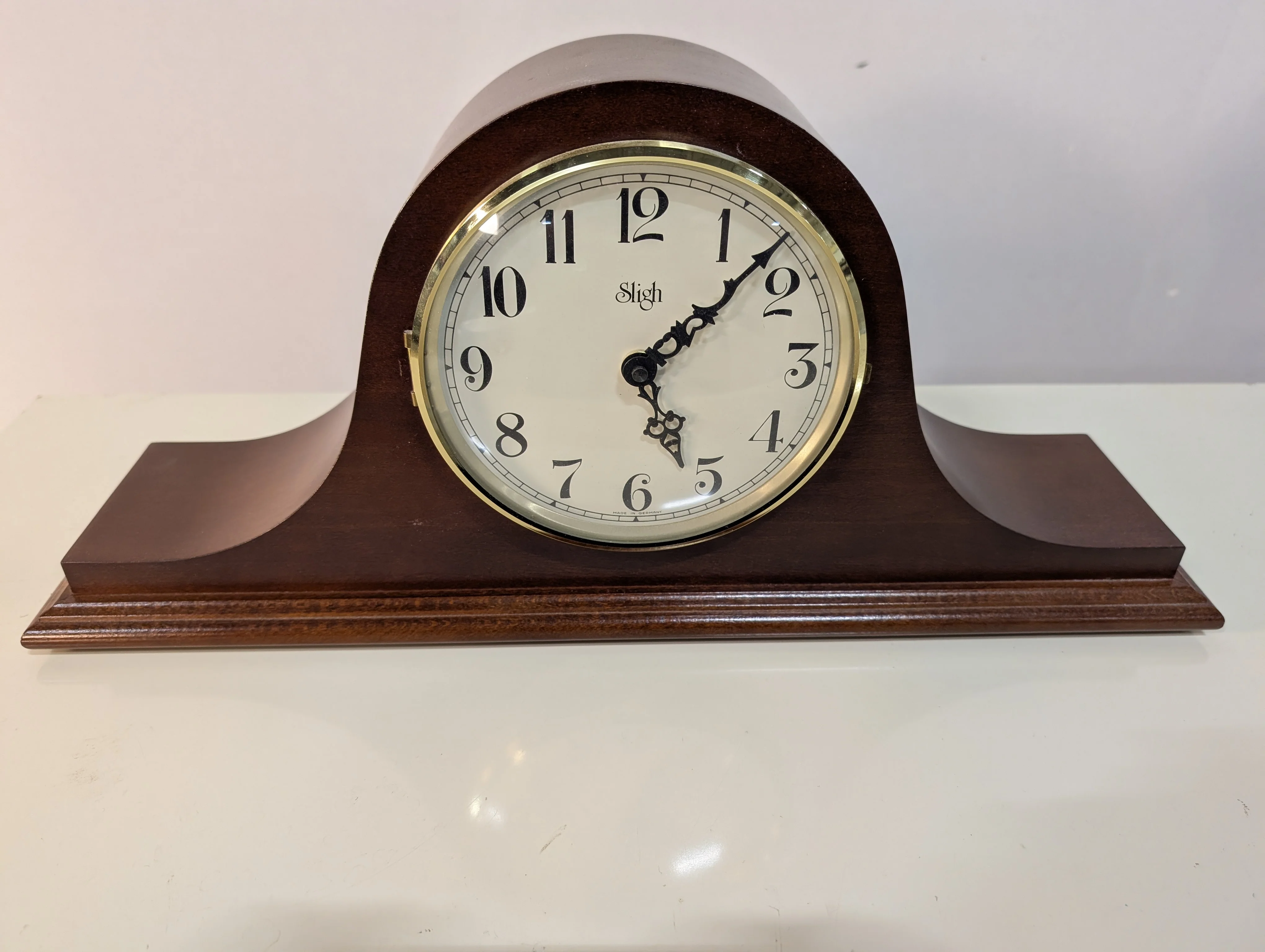 Curved Dark Wood Table Clock with Brass Tone Bezel - Image 2