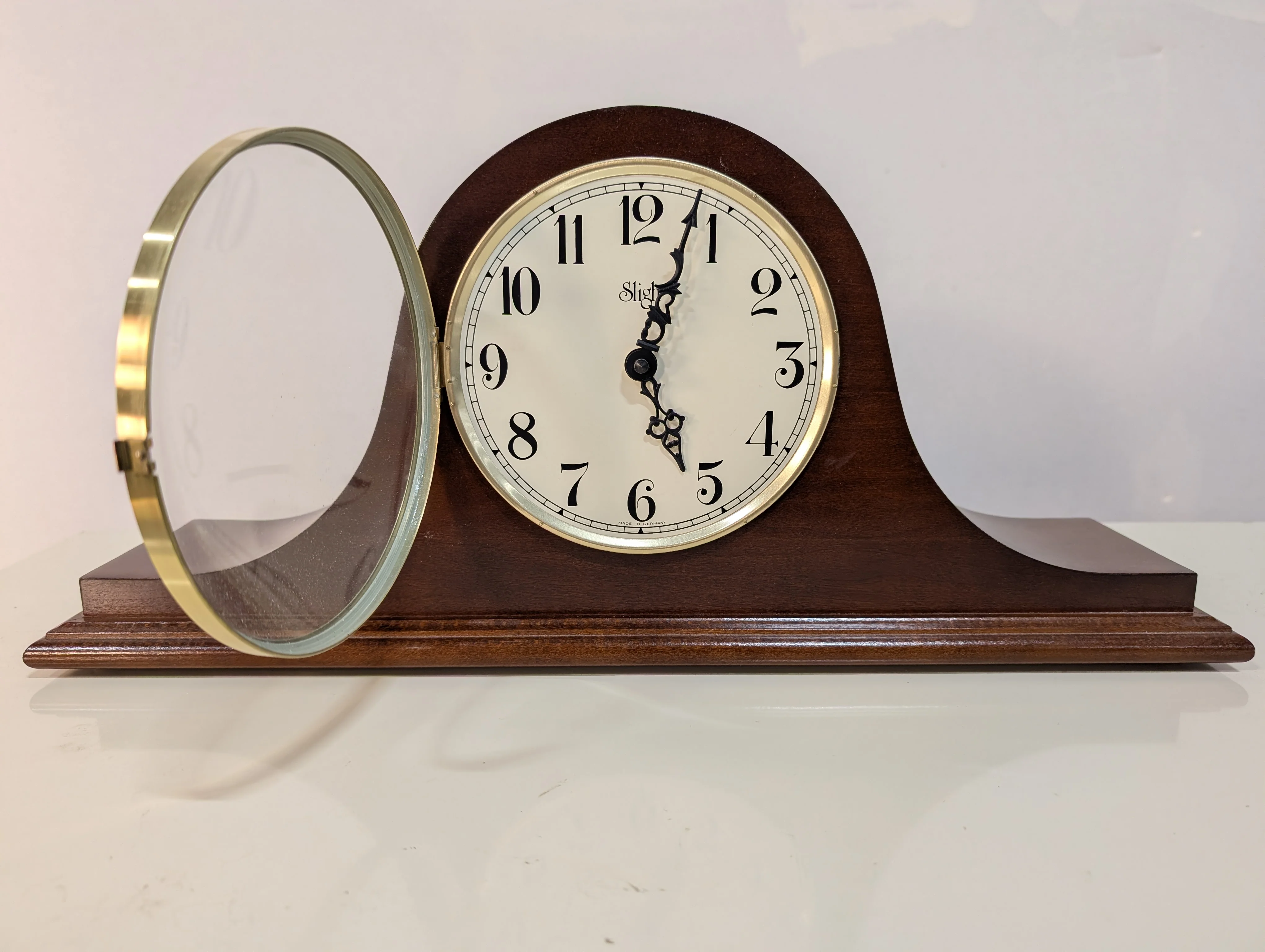 Curved Dark Wood Table Clock with Brass Tone Bezel - Image 3