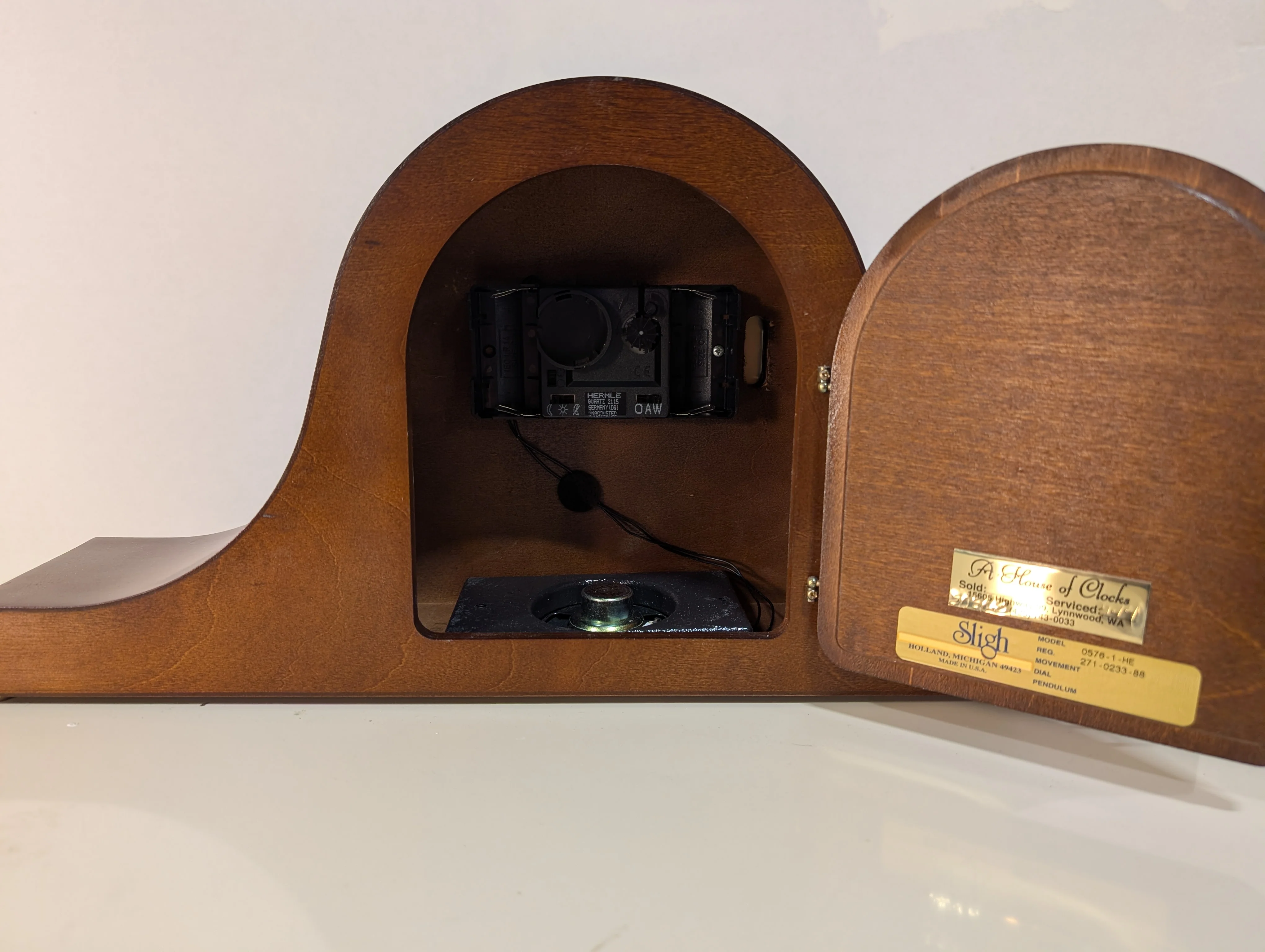 Curved Dark Wood Table Clock with Brass Tone Bezel - Image 7