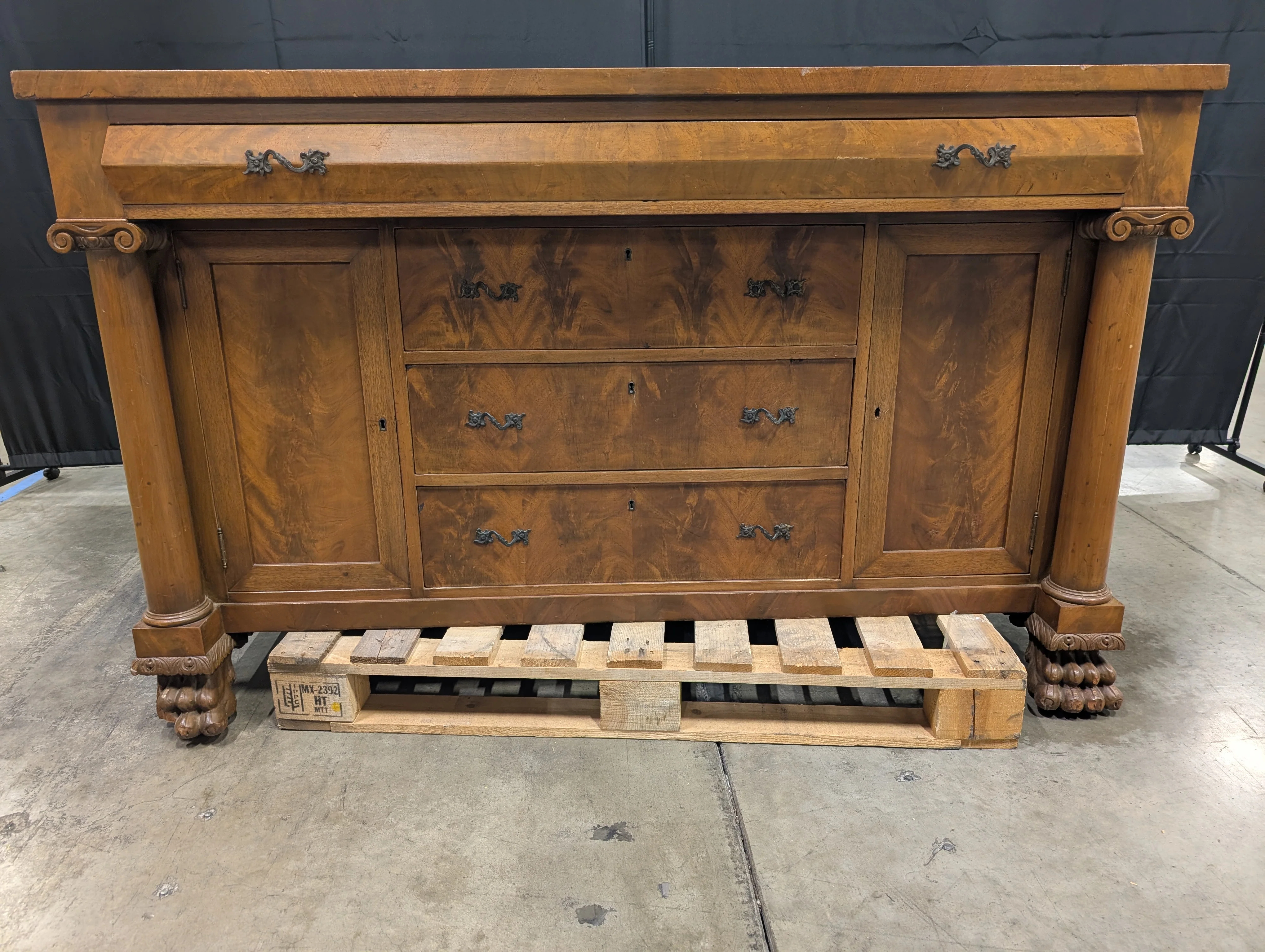 Vintage Wood Sideboard with Ornate Hardware and Fluted Columns - Image 15