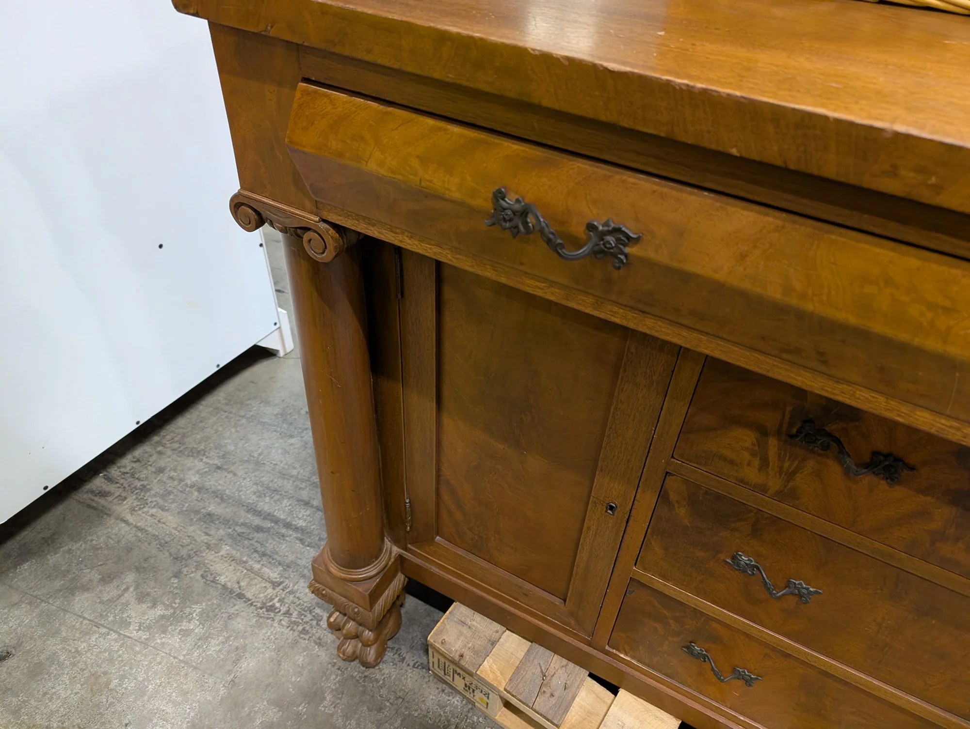 Vintage Wood Sideboard with Ornate Hardware and Fluted Columns - Image 2