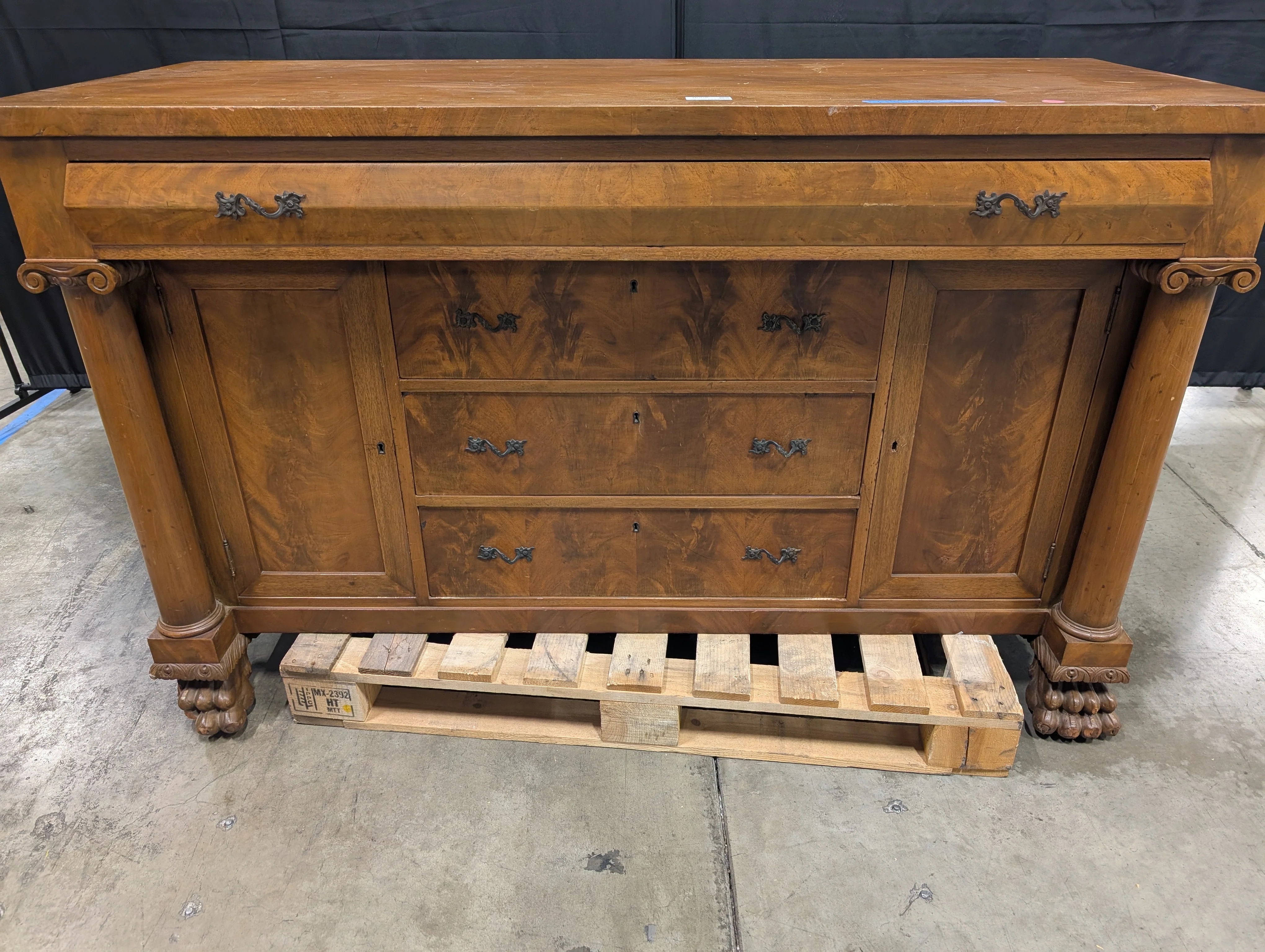 Vintage Wood Sideboard with Ornate Hardware and Fluted Columns - Image 3