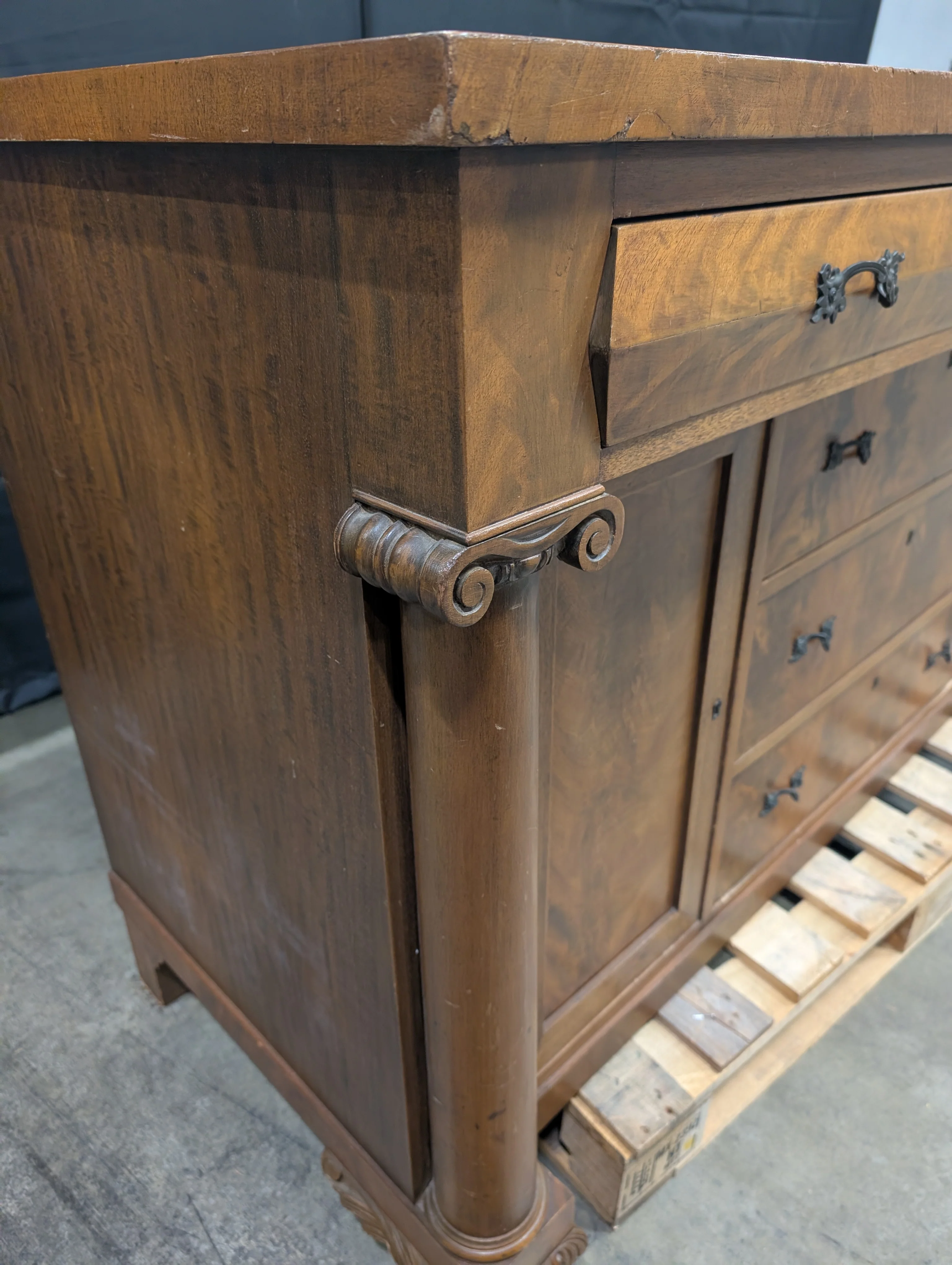 Vintage Wood Sideboard with Ornate Hardware and Fluted Columns - Image 8