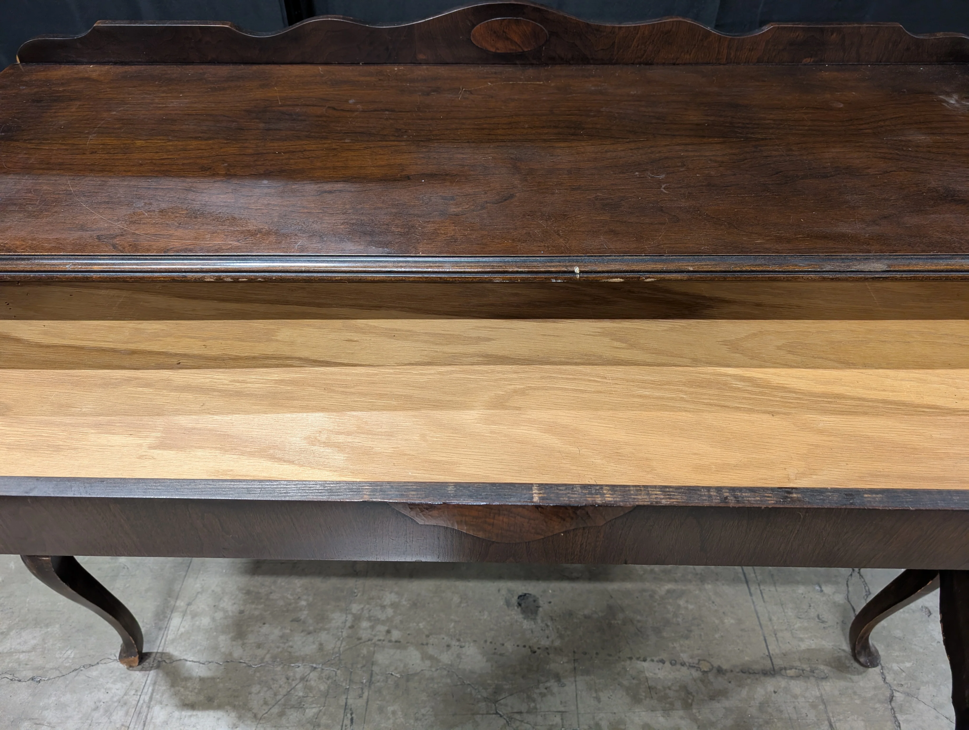 Traditional Dark Wood Buffet Cabinet with Scalloped Back - Image 4