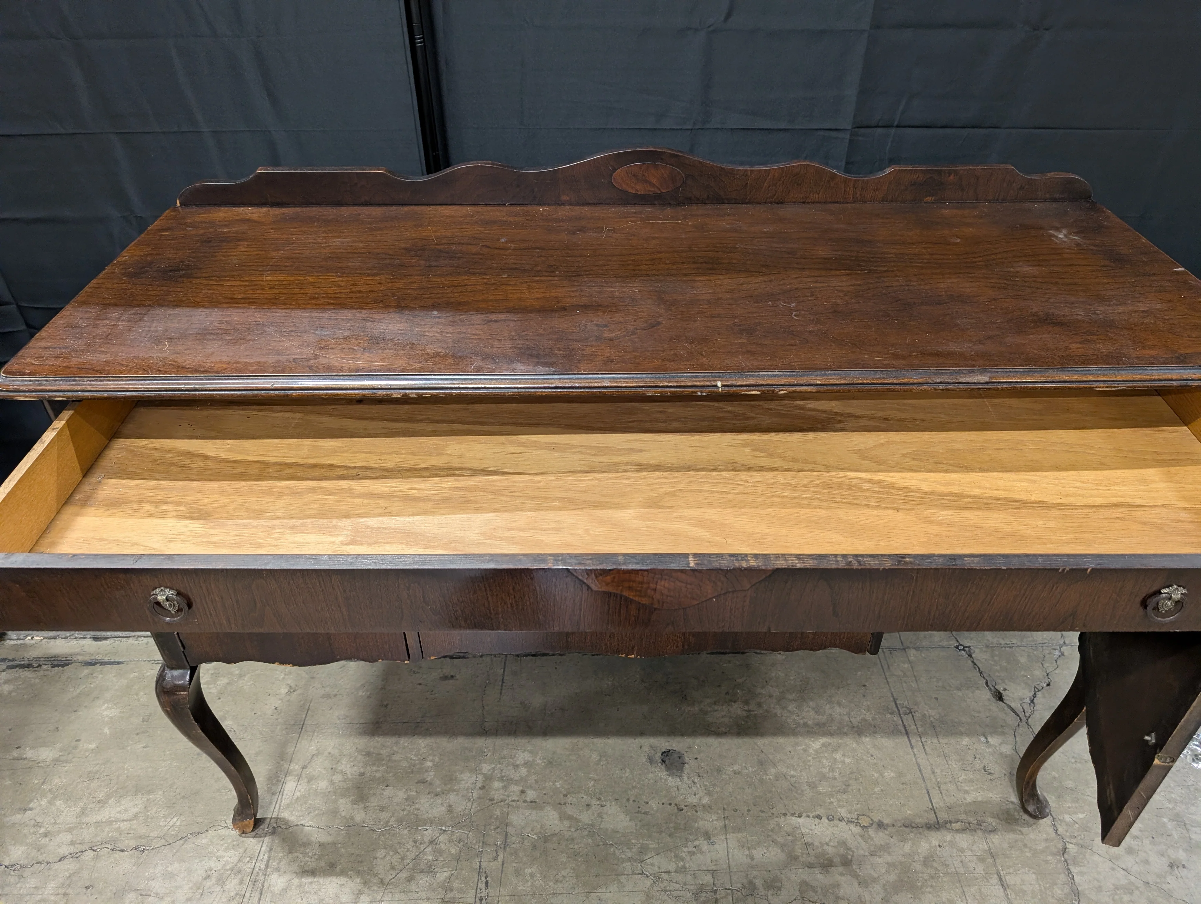 Traditional Dark Wood Buffet Cabinet with Scalloped Back - Image 5