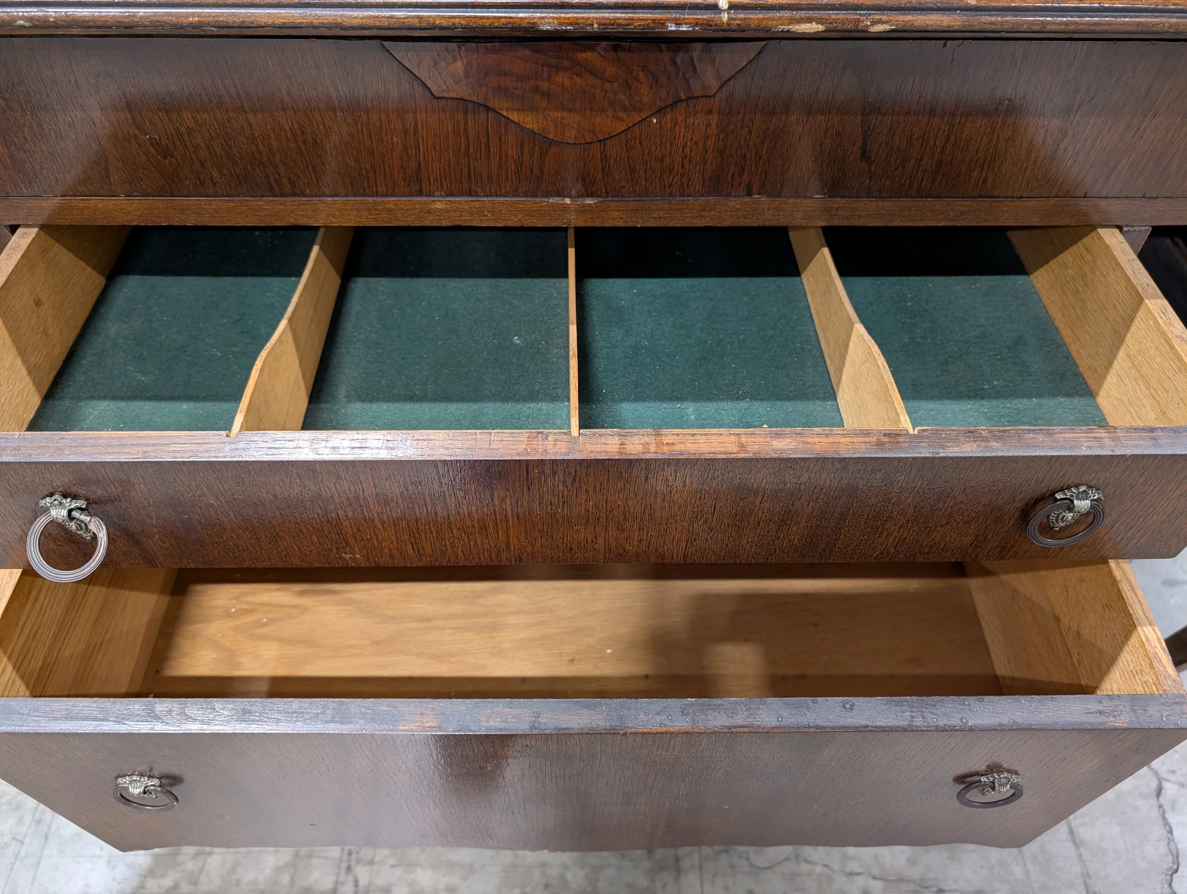Traditional Dark Wood Buffet Cabinet with Scalloped Back - Image 7