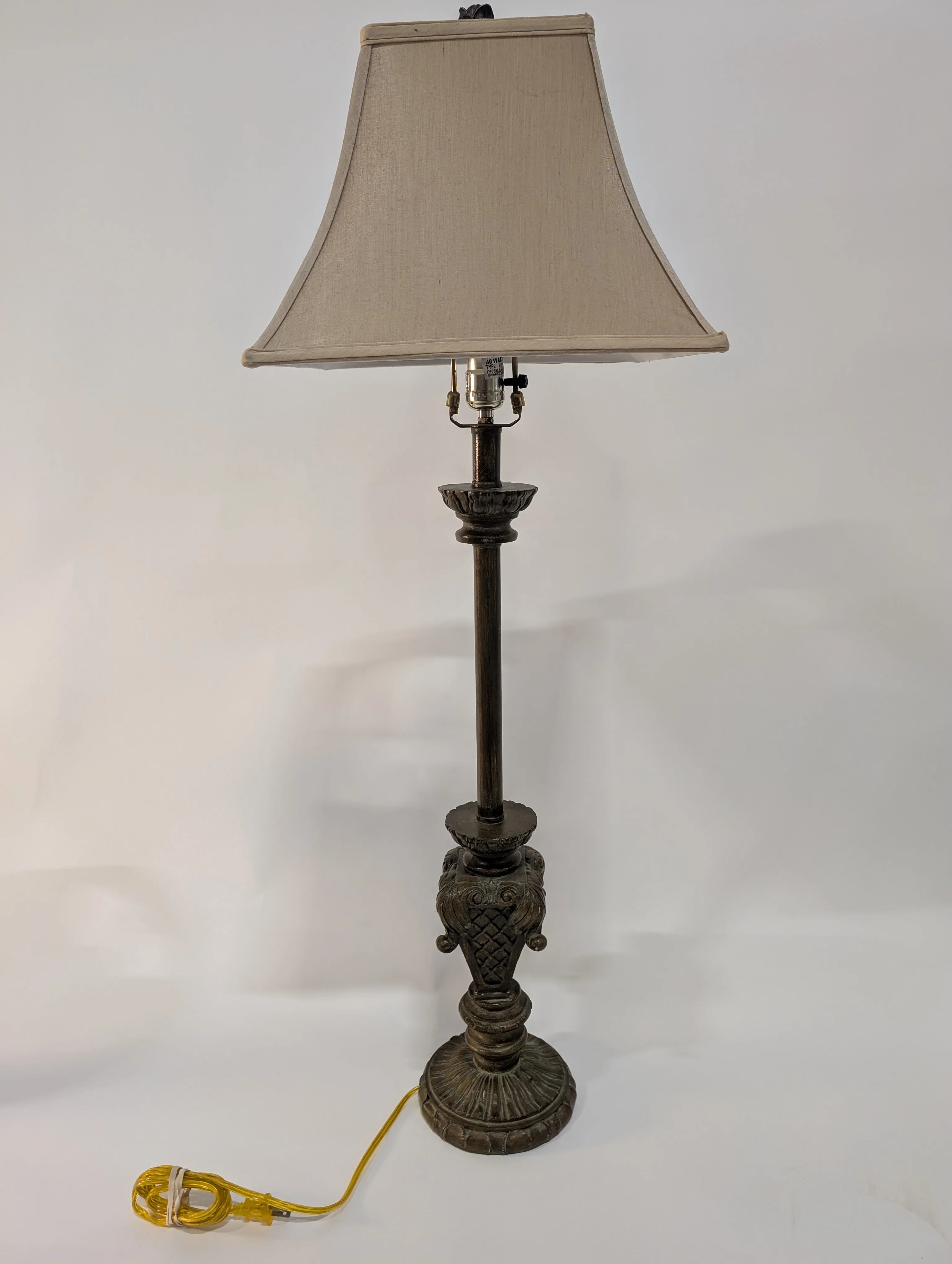 Ornate Metal Floor Lamp with Tapered Fabric Shade