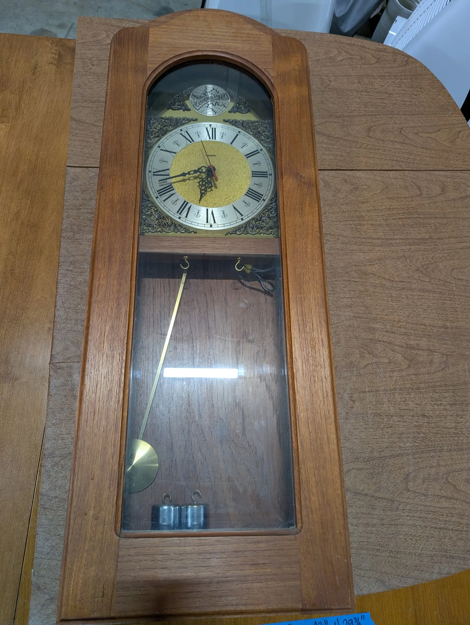 Vintage Temus Fugit Wall Clock with Pendulum and Roman Numerals