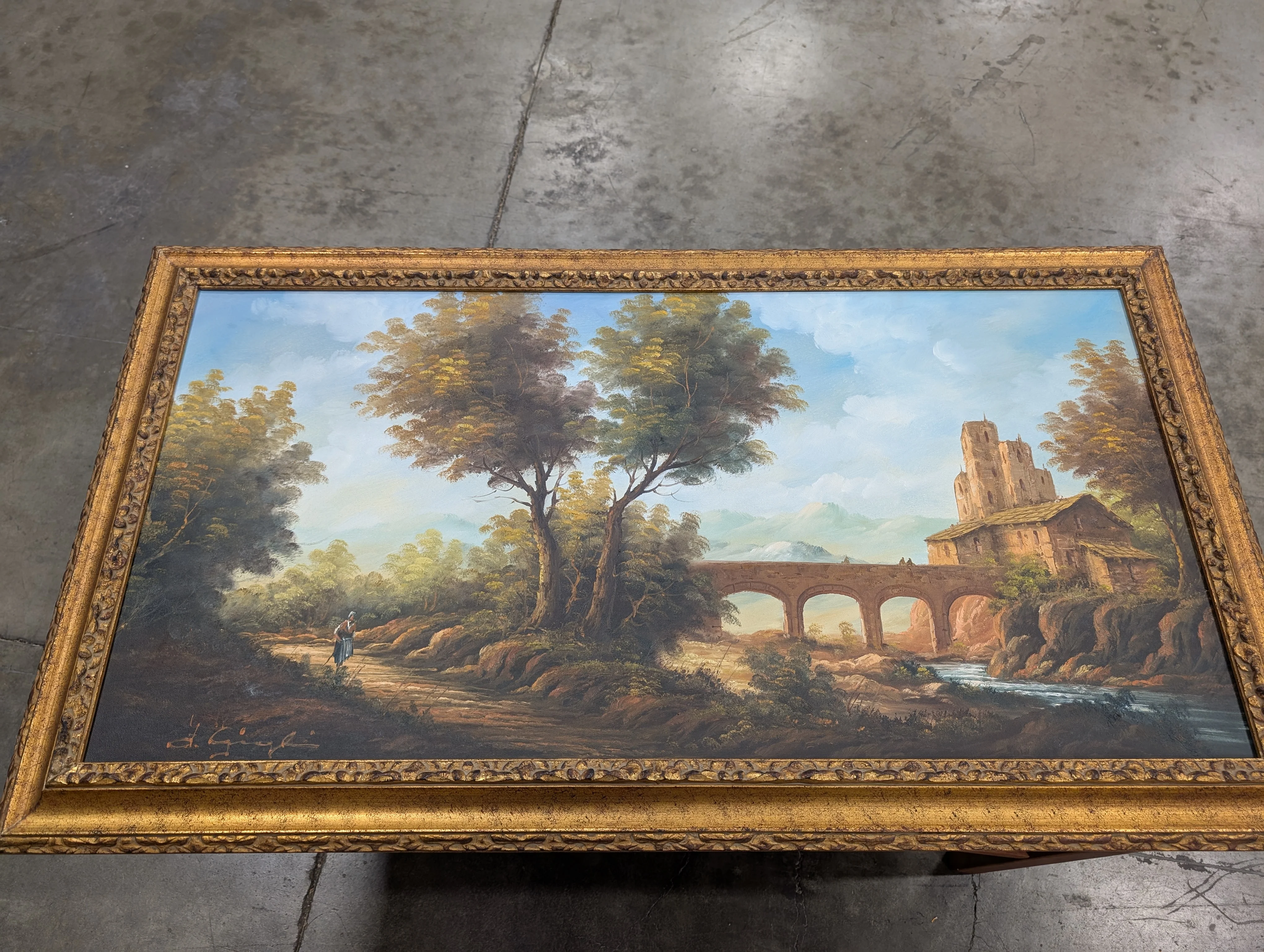 Large Ornate Gilded Frame Scenic Landscape Painting - Image 2