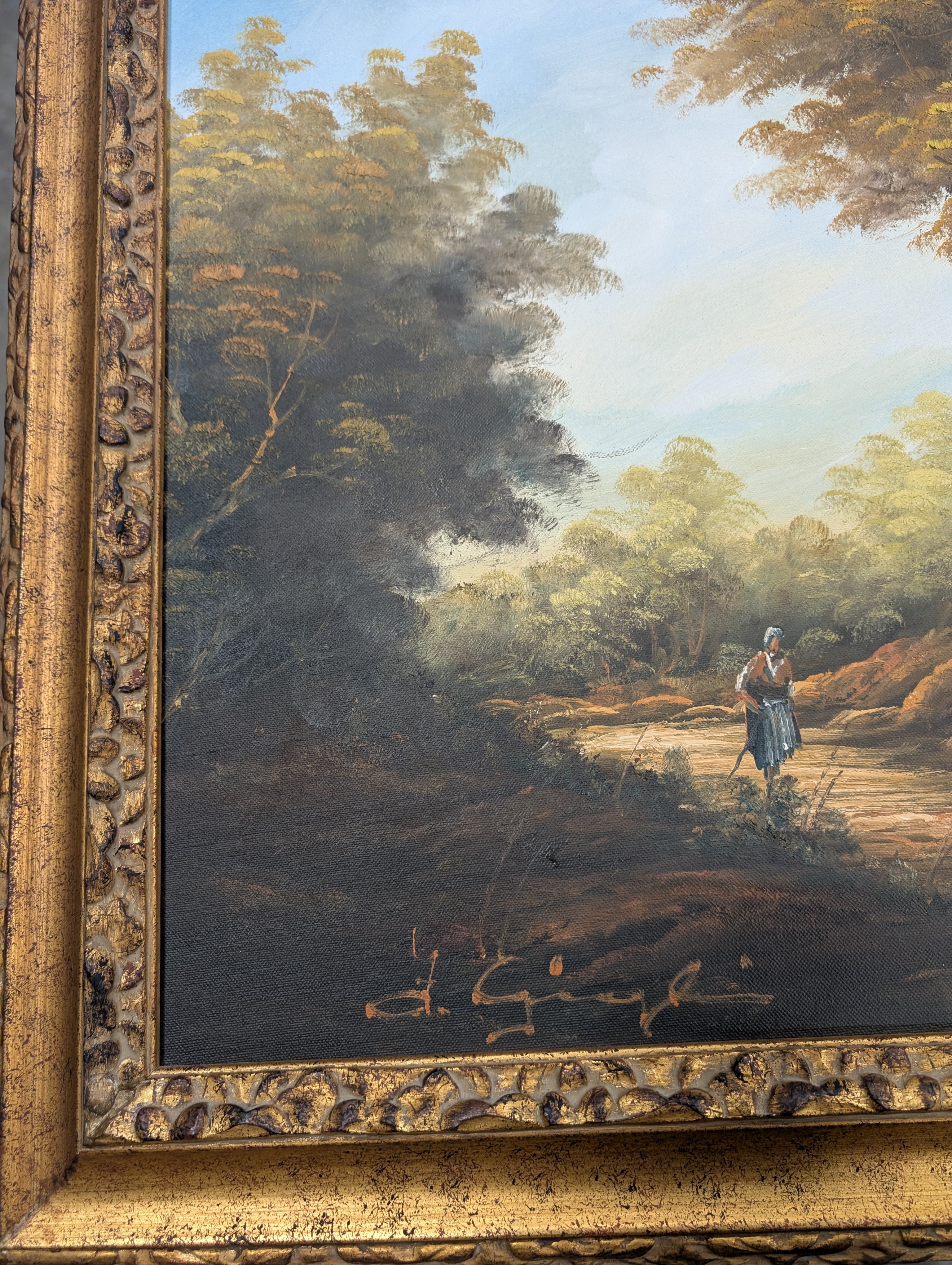 Large Ornate Gilded Frame Scenic Landscape Painting - Image 3
