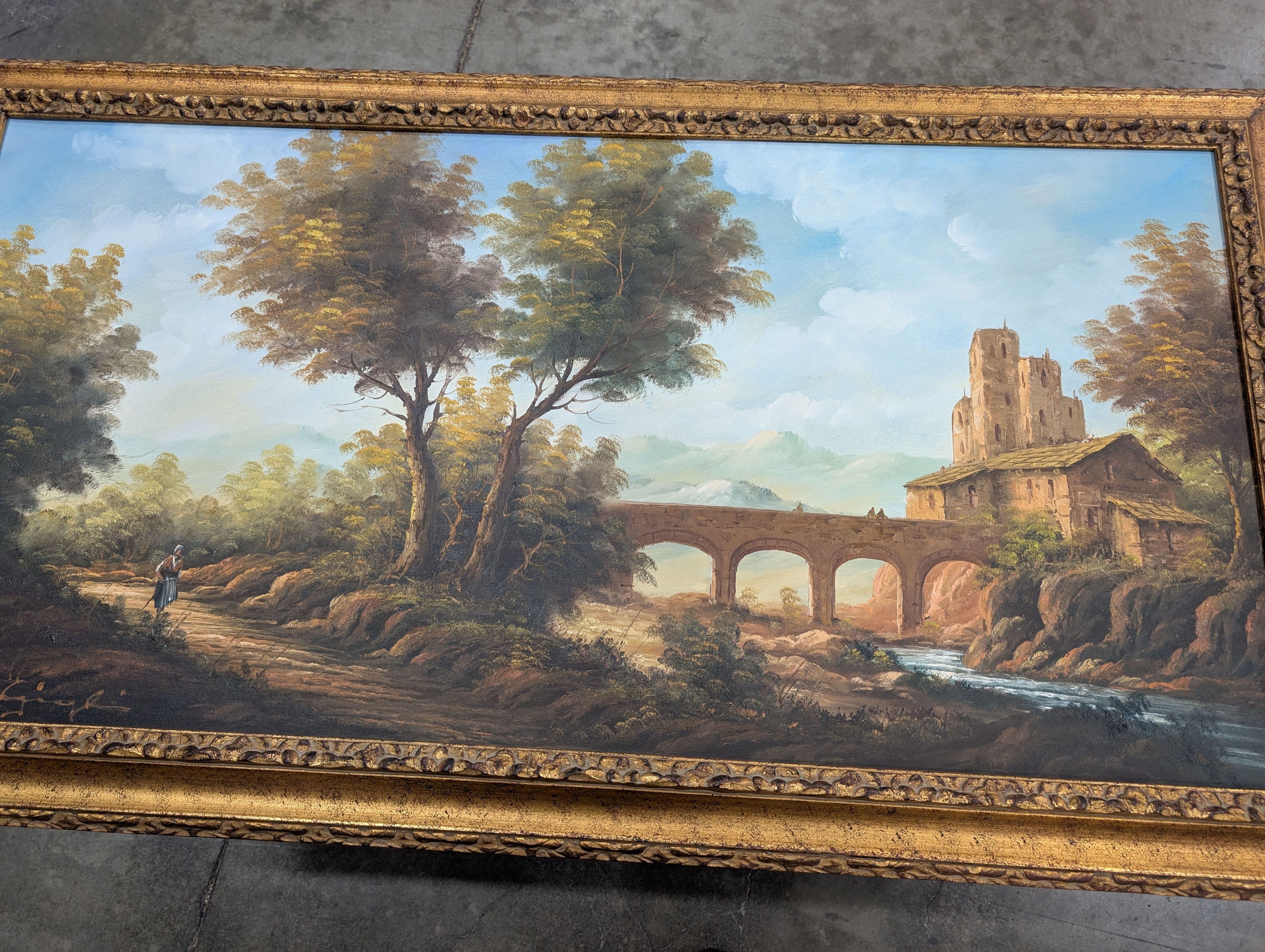Large Ornate Gilded Frame Scenic Landscape Painting - Image 4