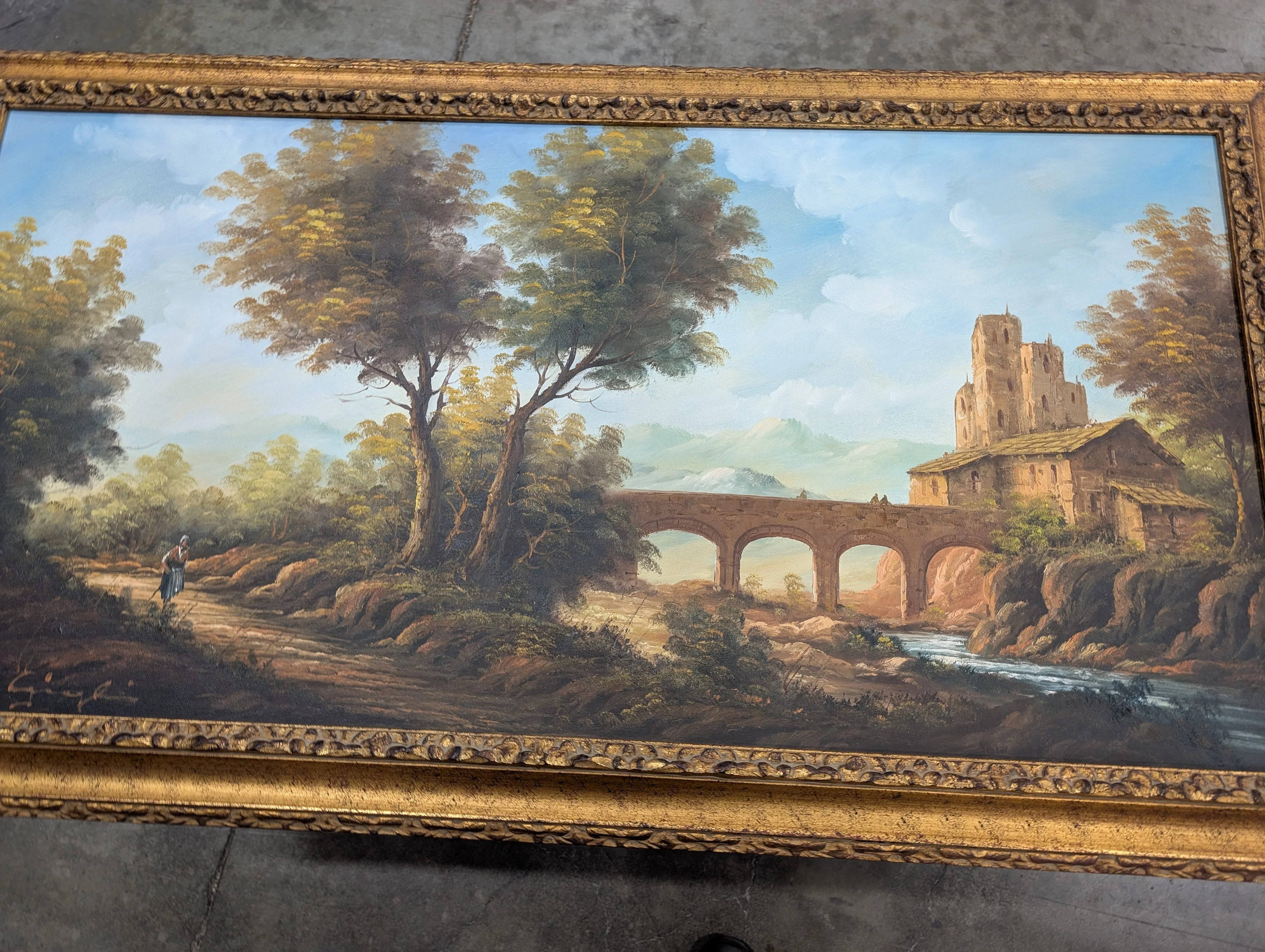Large Ornate Gilded Frame Scenic Landscape Painting - Image 6