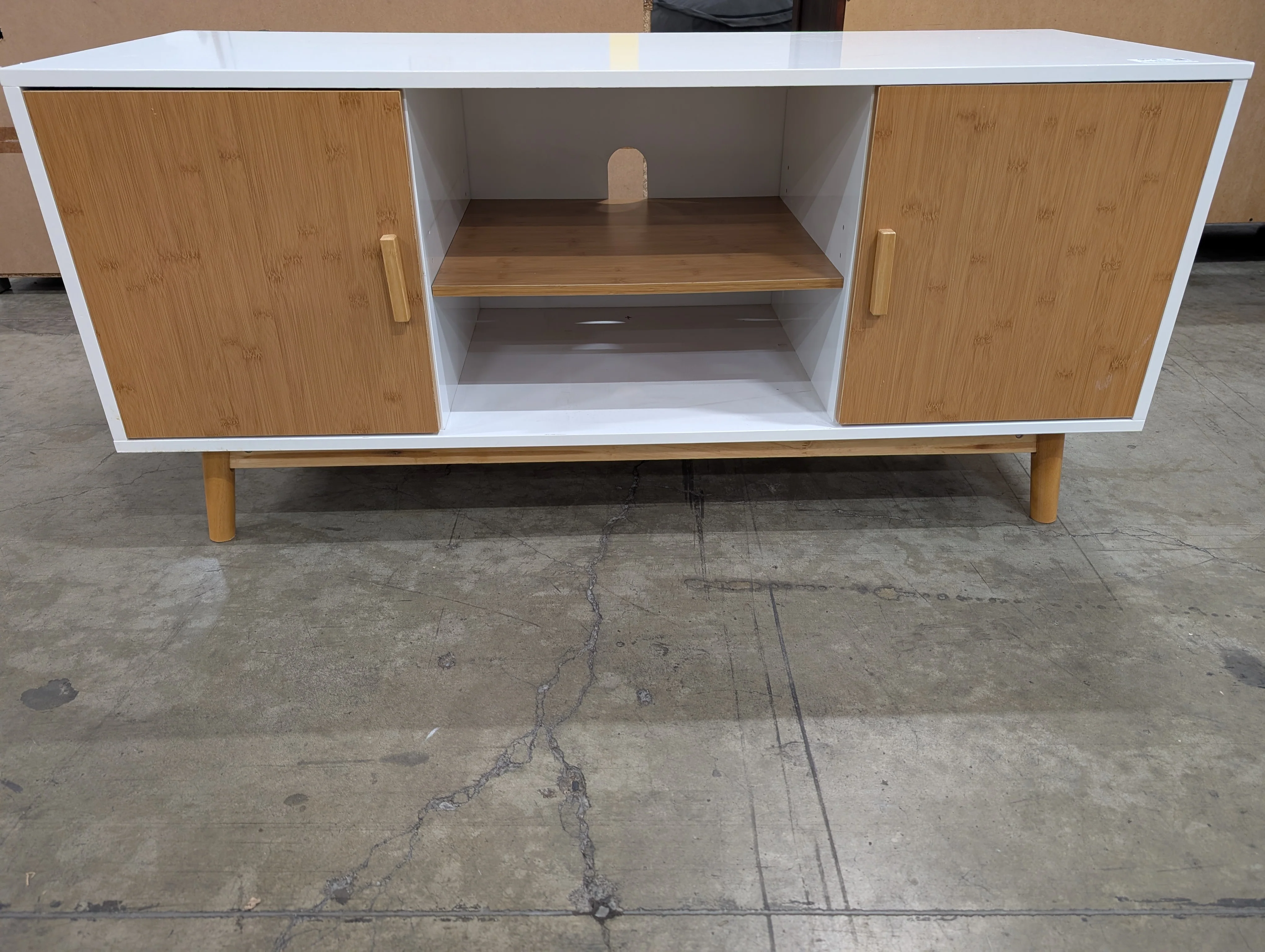MCM Inspired White and Natural Wood Media Console - Image 3