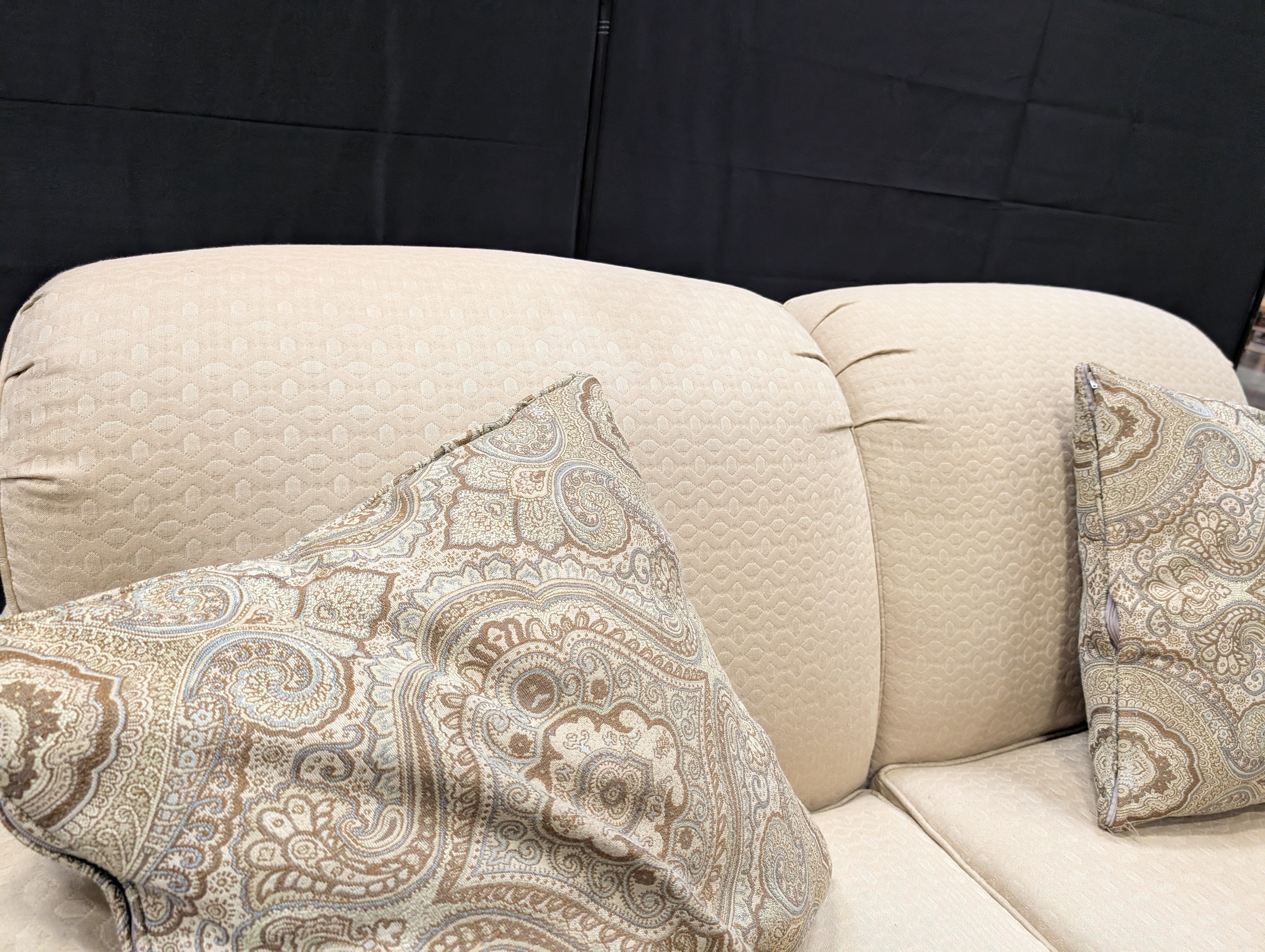 Bassett Furniture Classic Beige Upholstered Loveseat Sofa with Paisley Throw Pillows - Image 5