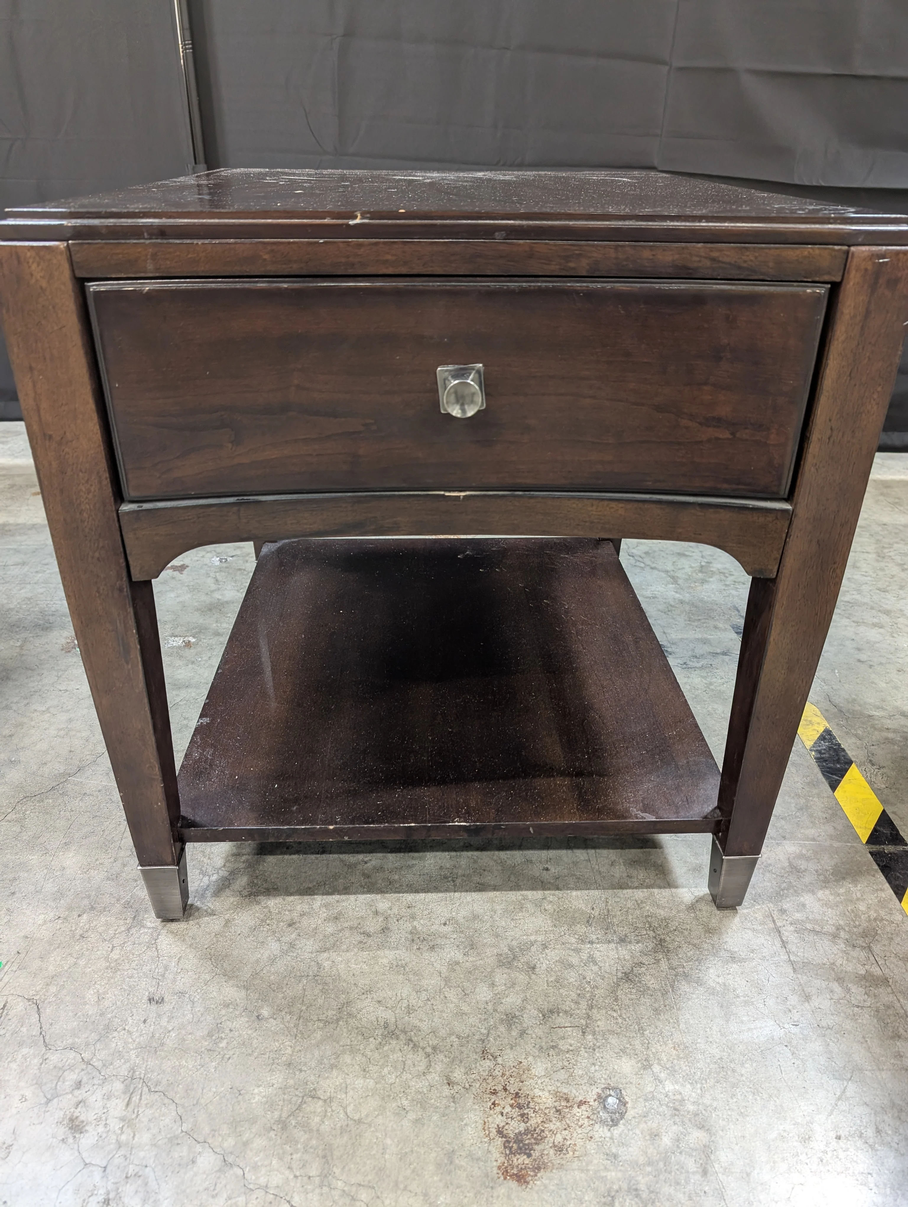 Dark Brown Wood Side Table with Curved Drawer and Open Shelf - Image 2