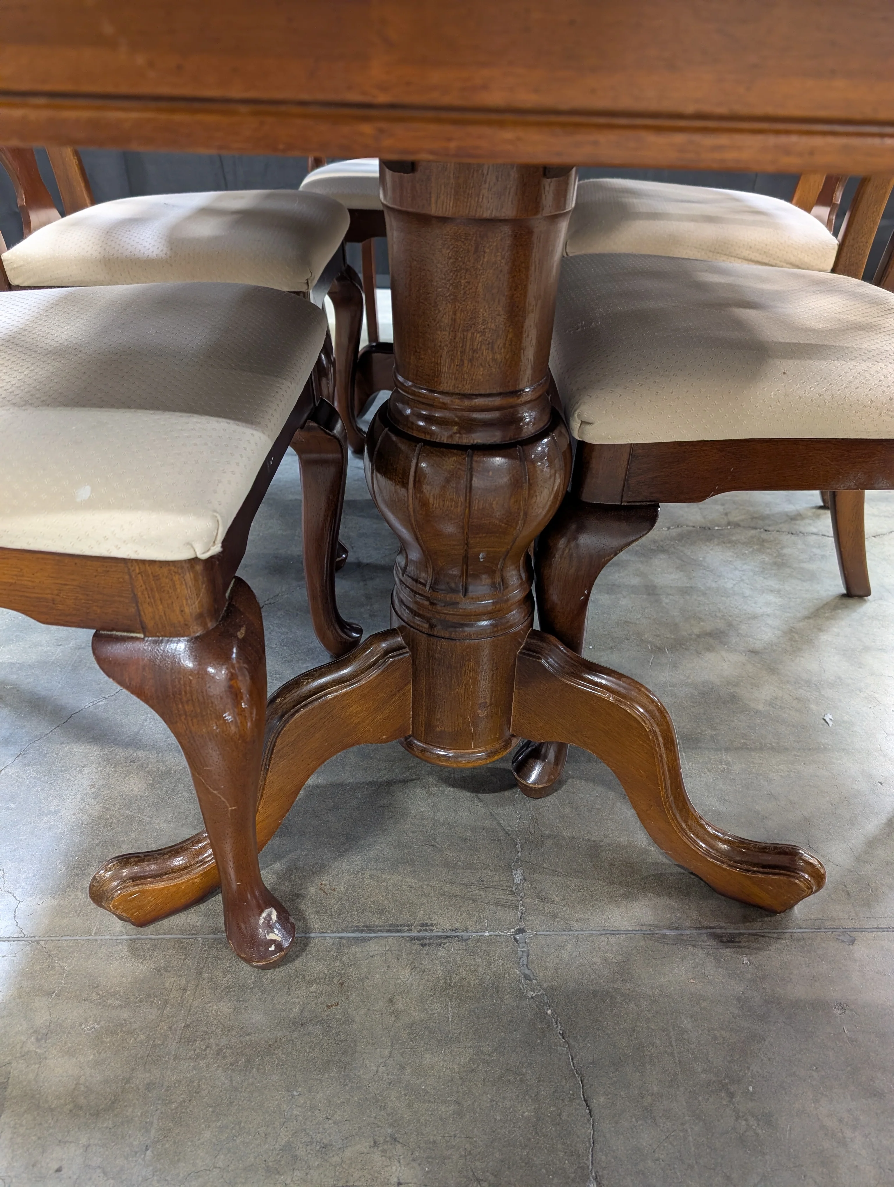Traditional Dark Wood Dining Table with Five Shaped-Back Chairs - Image 3