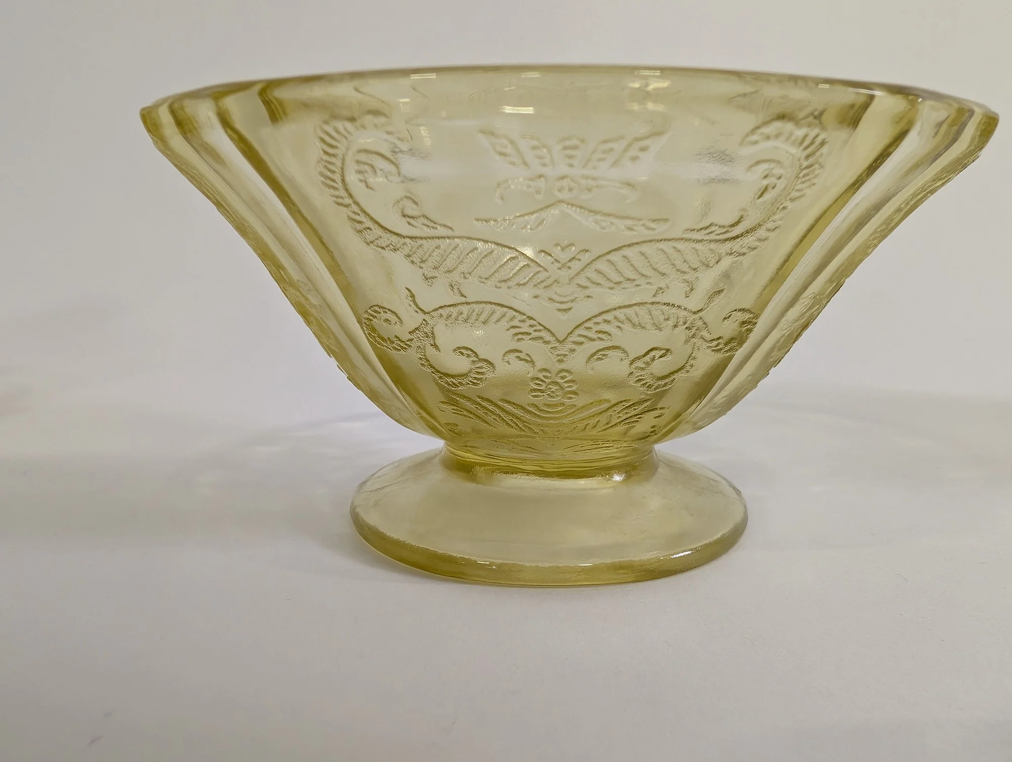 Vintage Yellow Glass Pedestal Bowl with Scroll Pattern - Image 2