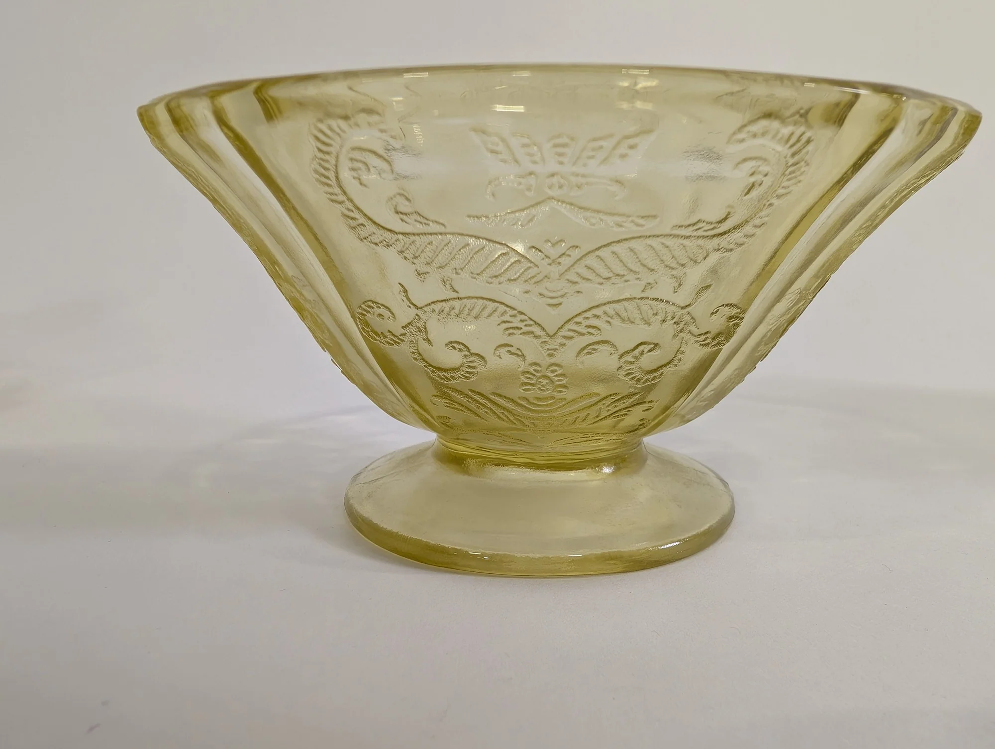 Vintage Yellow Glass Pedestal Bowl with Scroll Pattern - Image 3