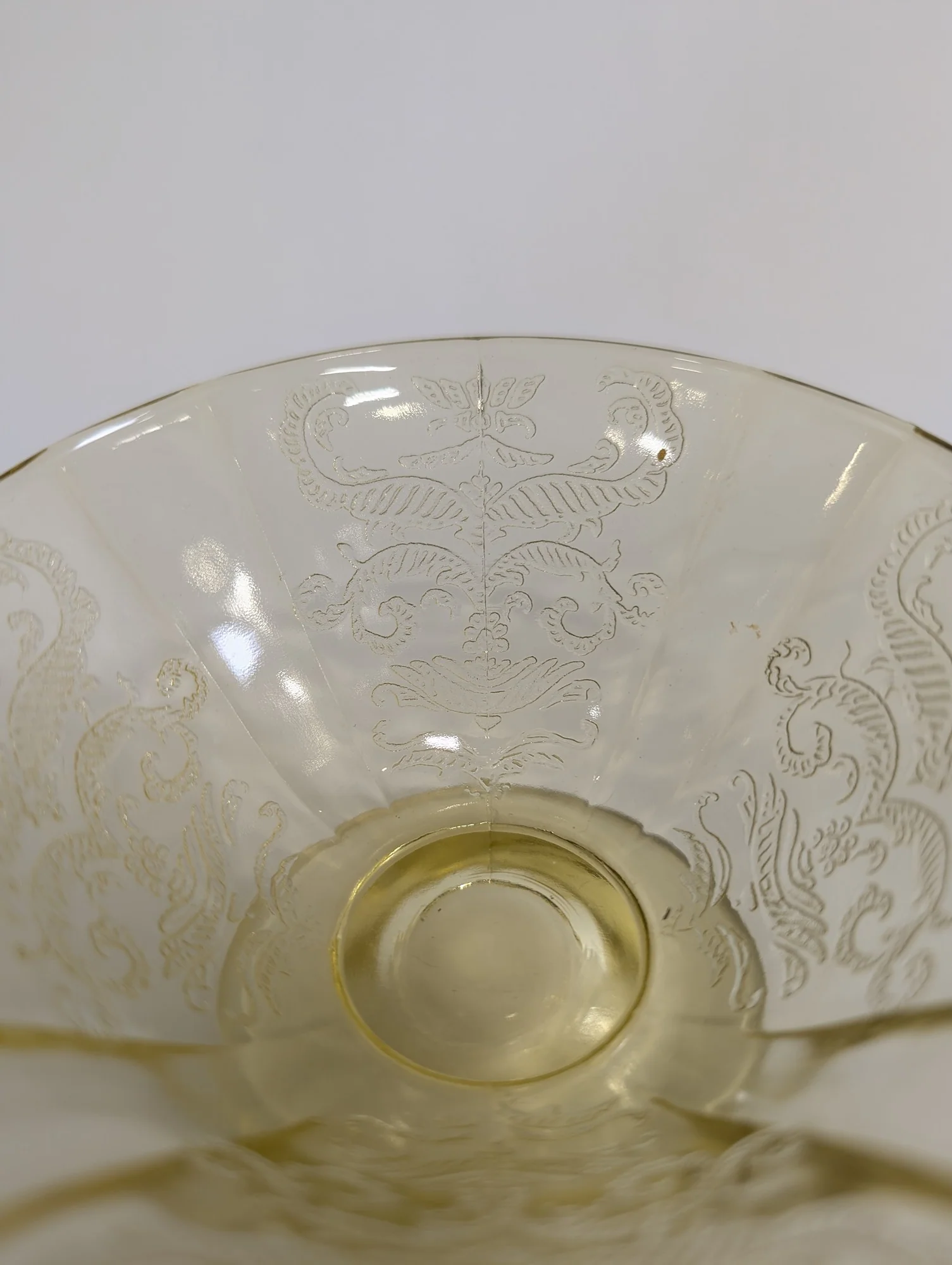 Vintage Yellow Glass Pedestal Bowl with Scroll Pattern - Image 4