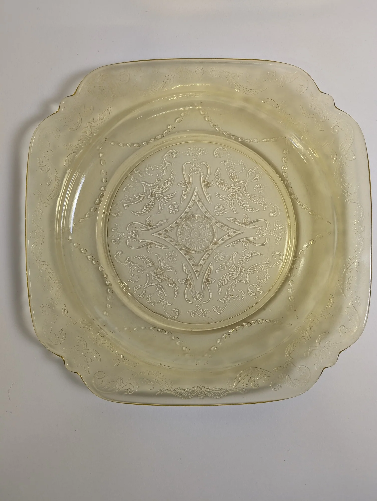 Vintage Yellow Square Glass Plate with Embossed Floral Pattern - Image 2