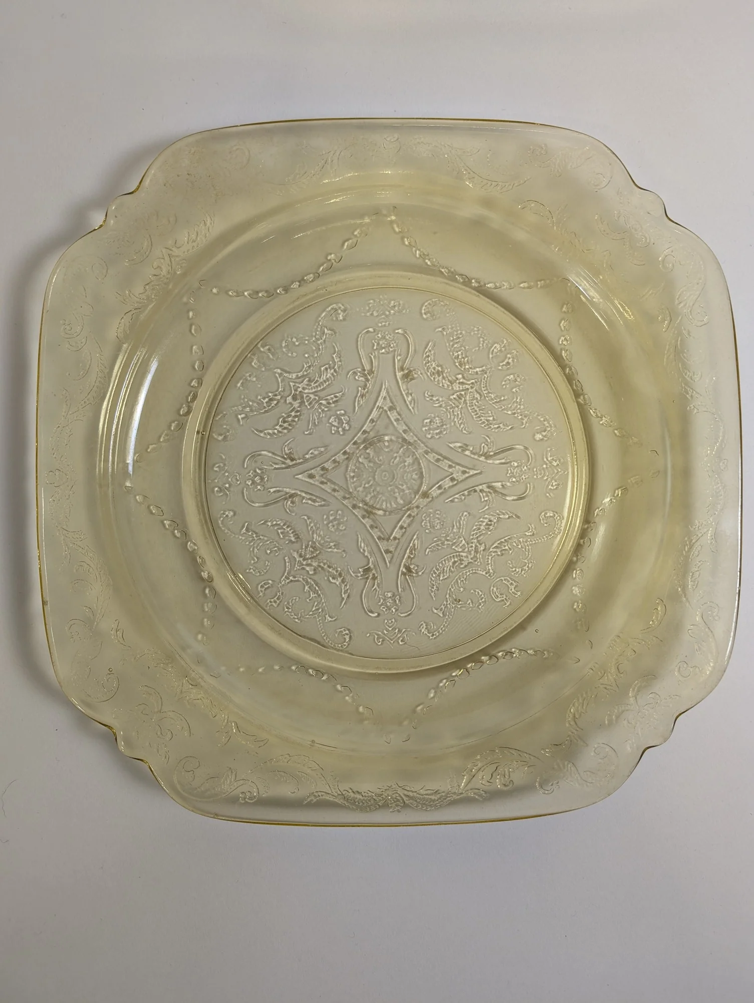 Vintage Yellow Square Glass Plate with Embossed Floral Pattern - Image 3