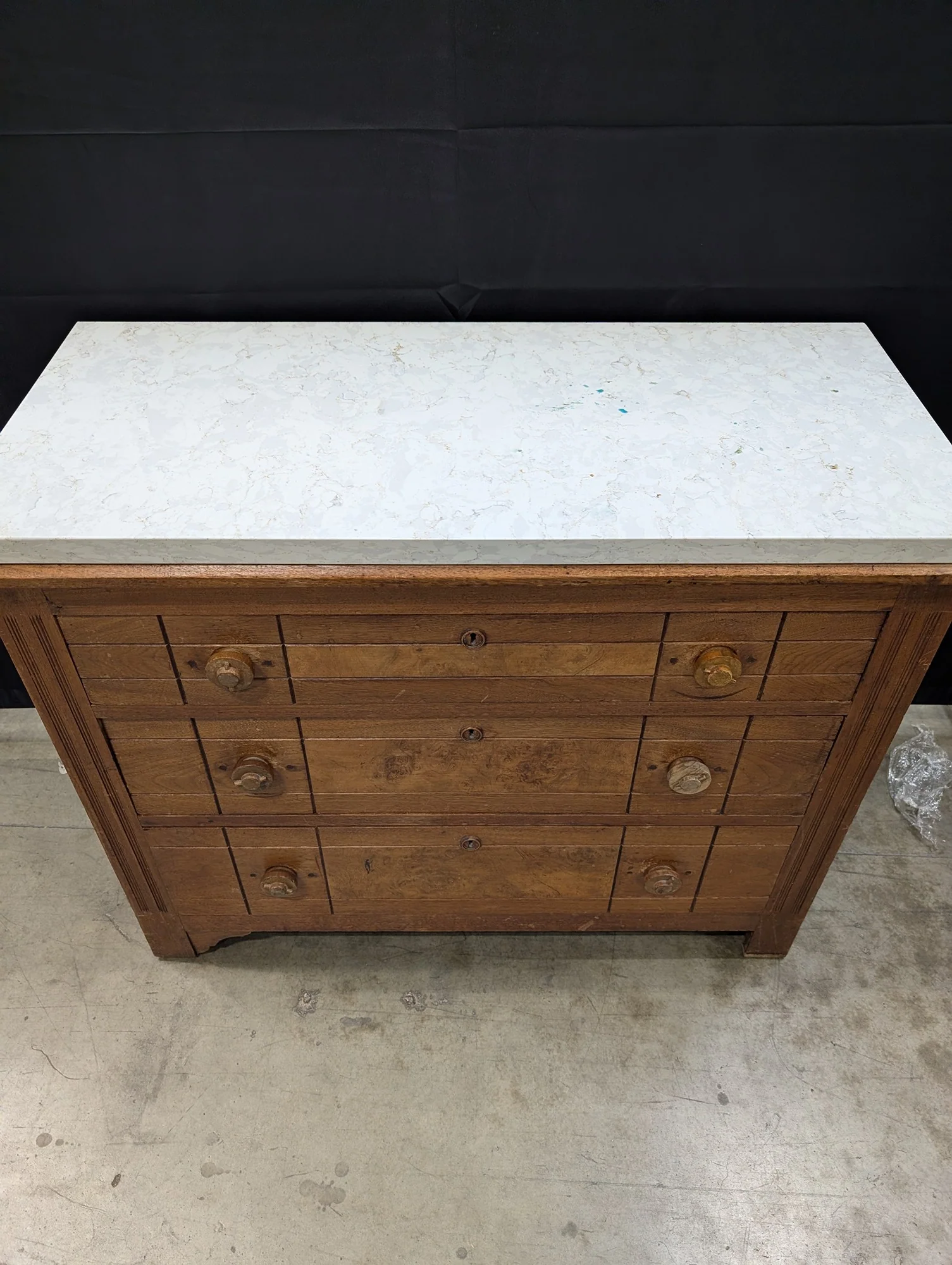 Vintage Wood Dresser with Marble Top and Multiple Drawers