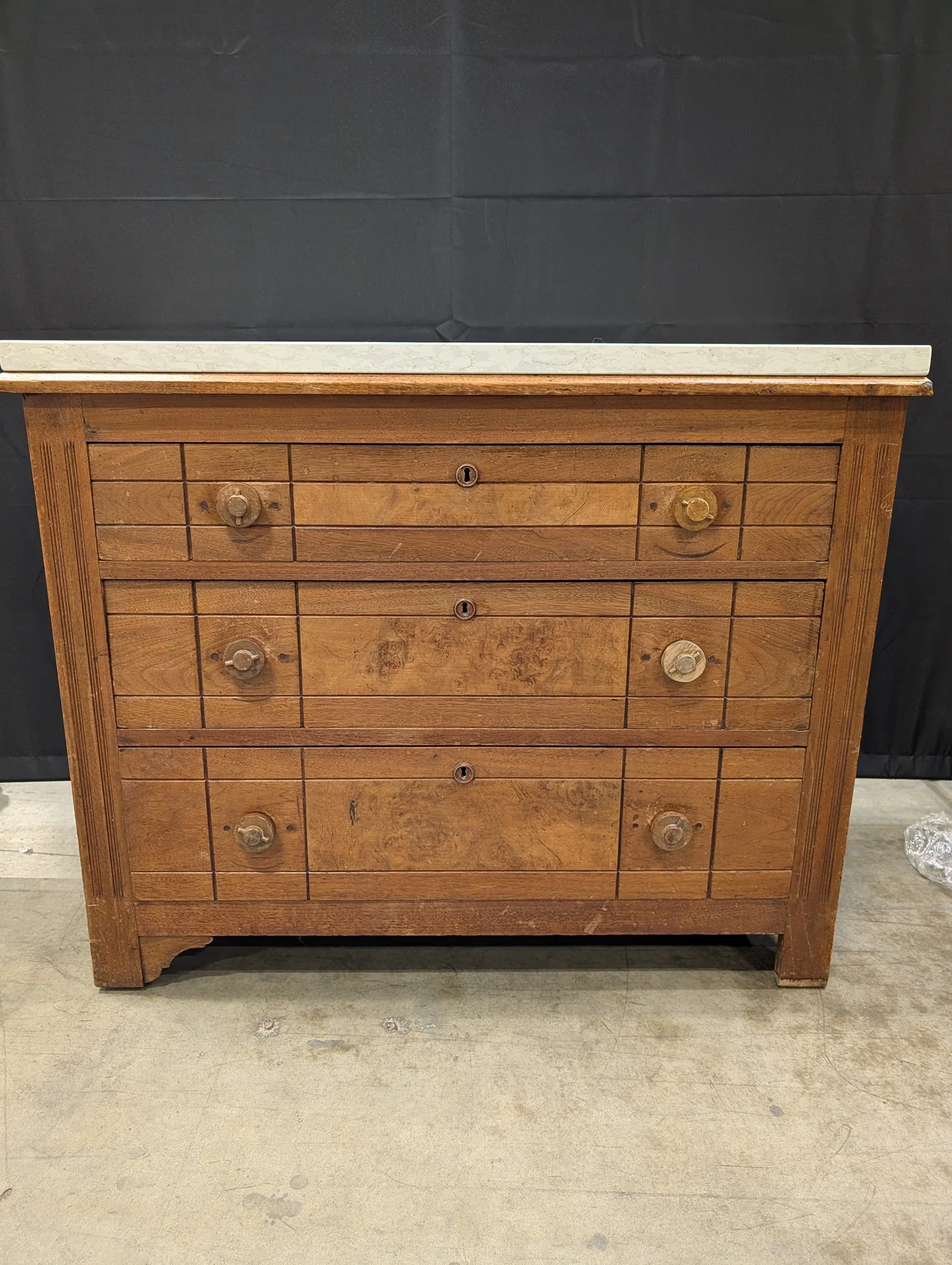 Vintage Wood Dresser with Marble Top and Multiple Drawers - Image 2