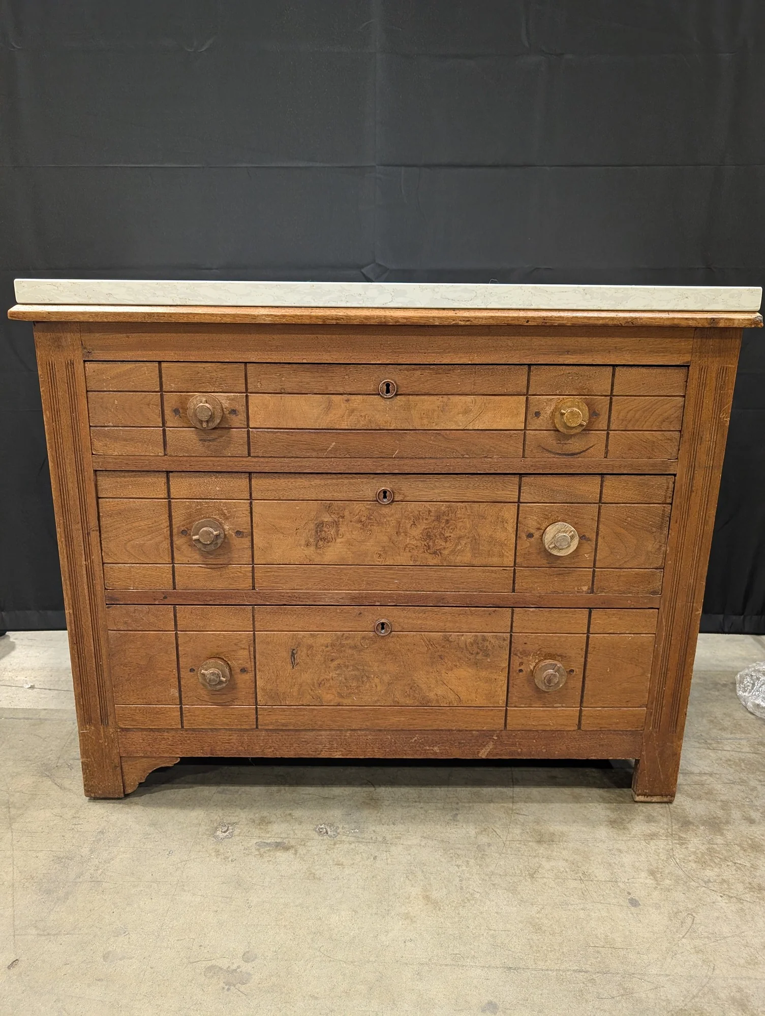 Vintage Wood Dresser with Marble Top and Multiple Drawers - Image 3