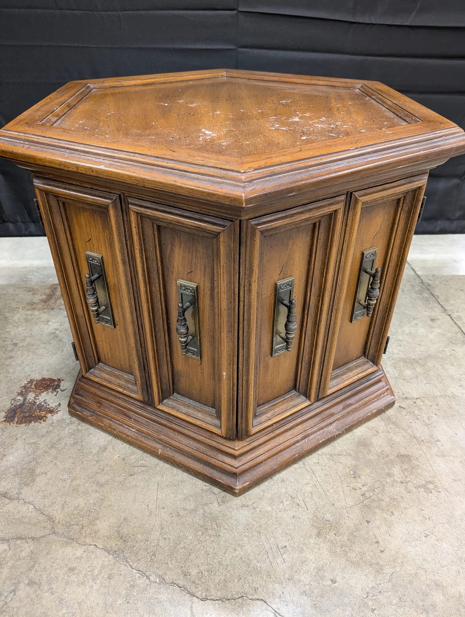 Vintage Octagonal Wood Accent Table with Cabinet Storage - Image 3