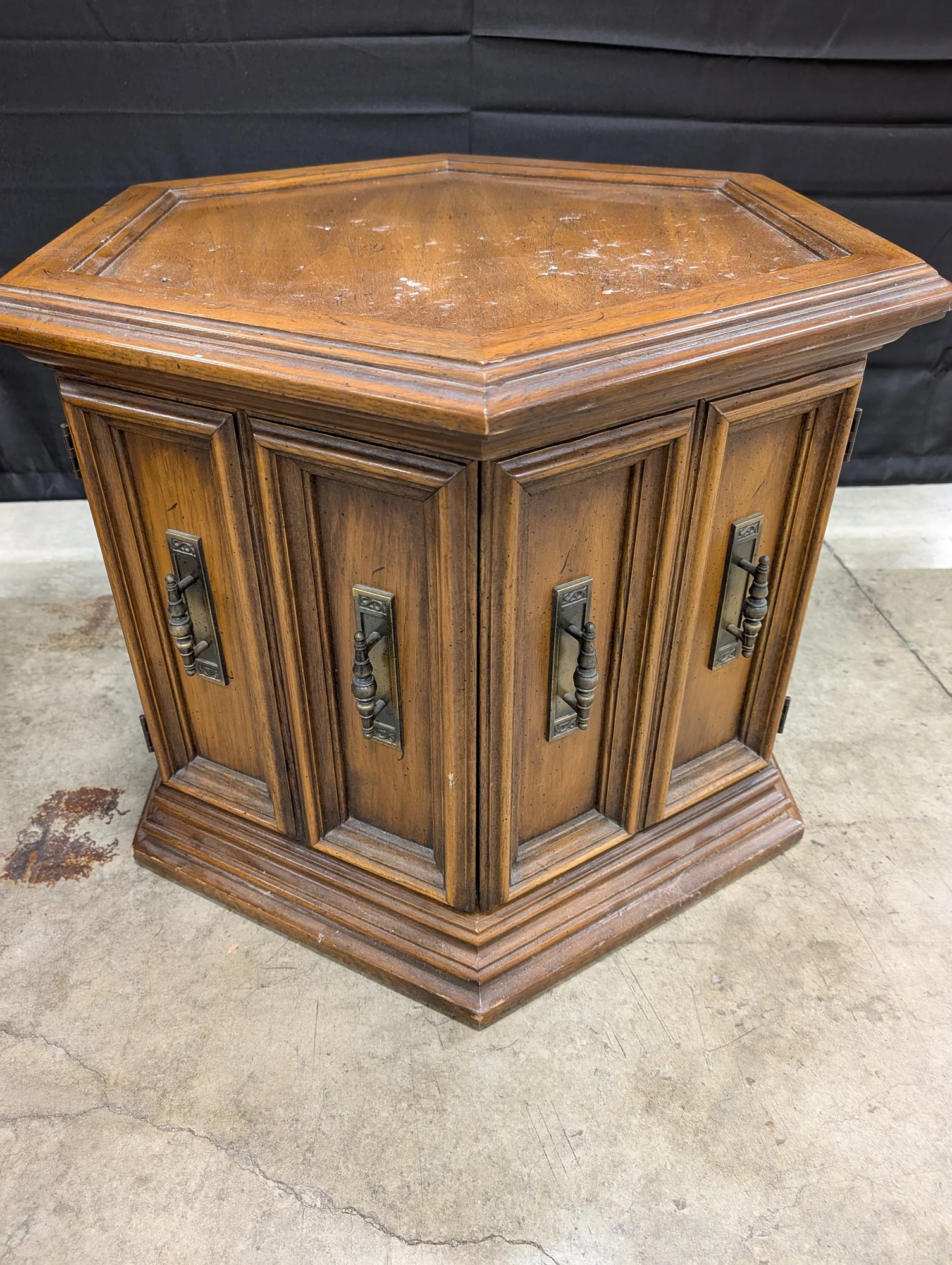 Vintage Octagonal Wood Accent Table with Cabinet Storage - Image 4