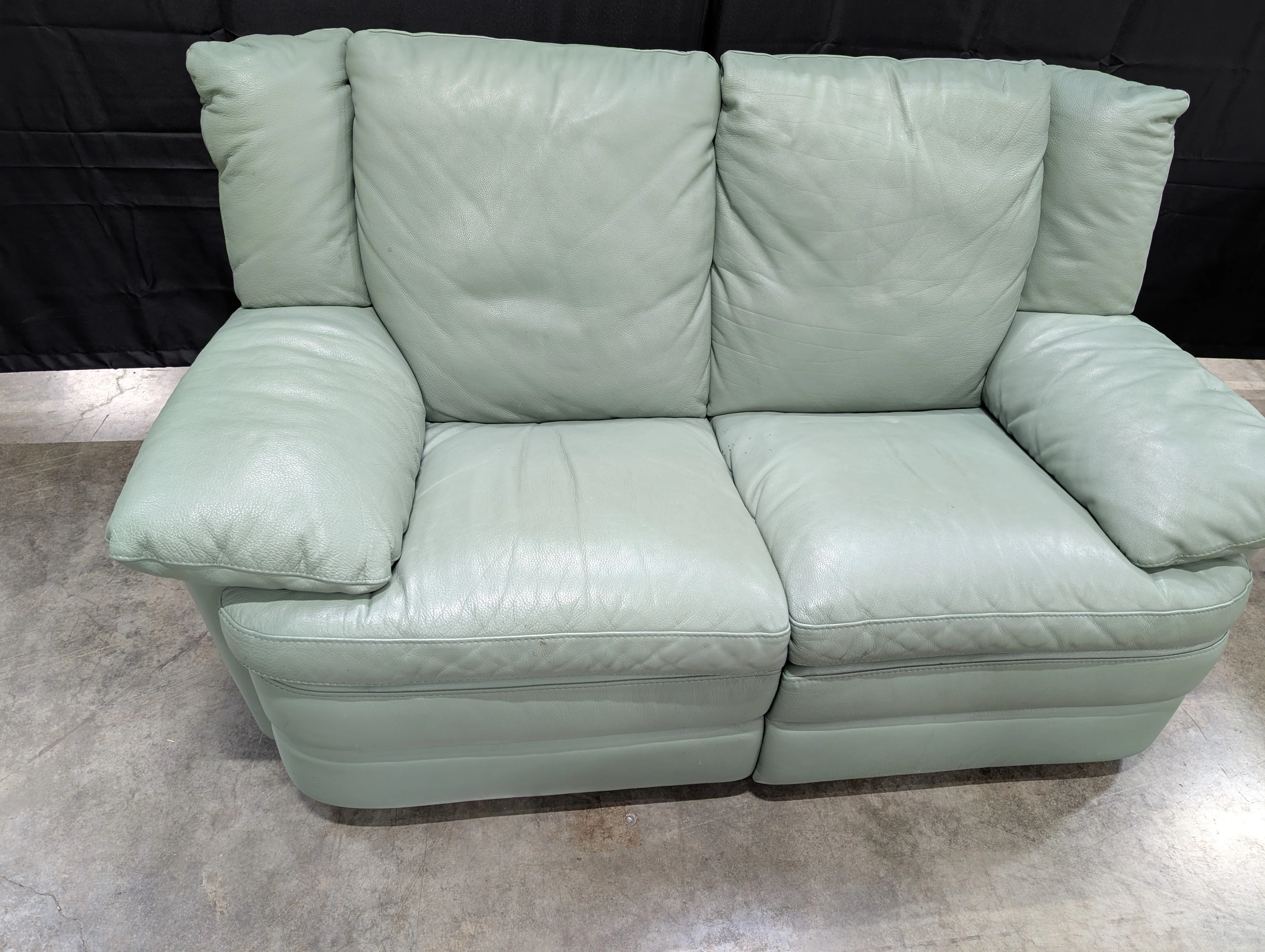 Charming Mint Green Leather Two-Seater Sofa with Plush Padded Arms - Image 3