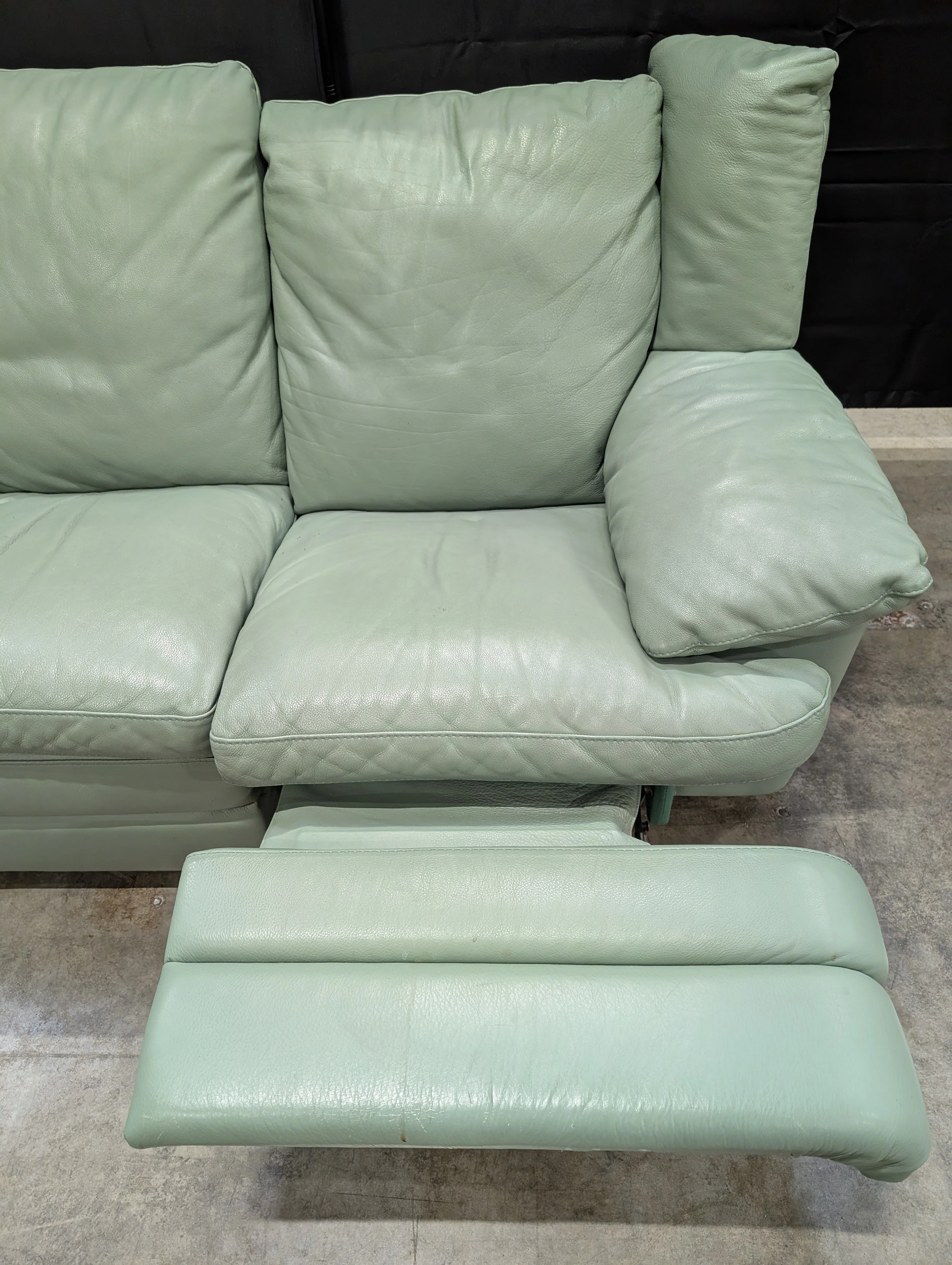 Charming Mint Green Leather Two-Seater Sofa with Plush Padded Arms - Image 5